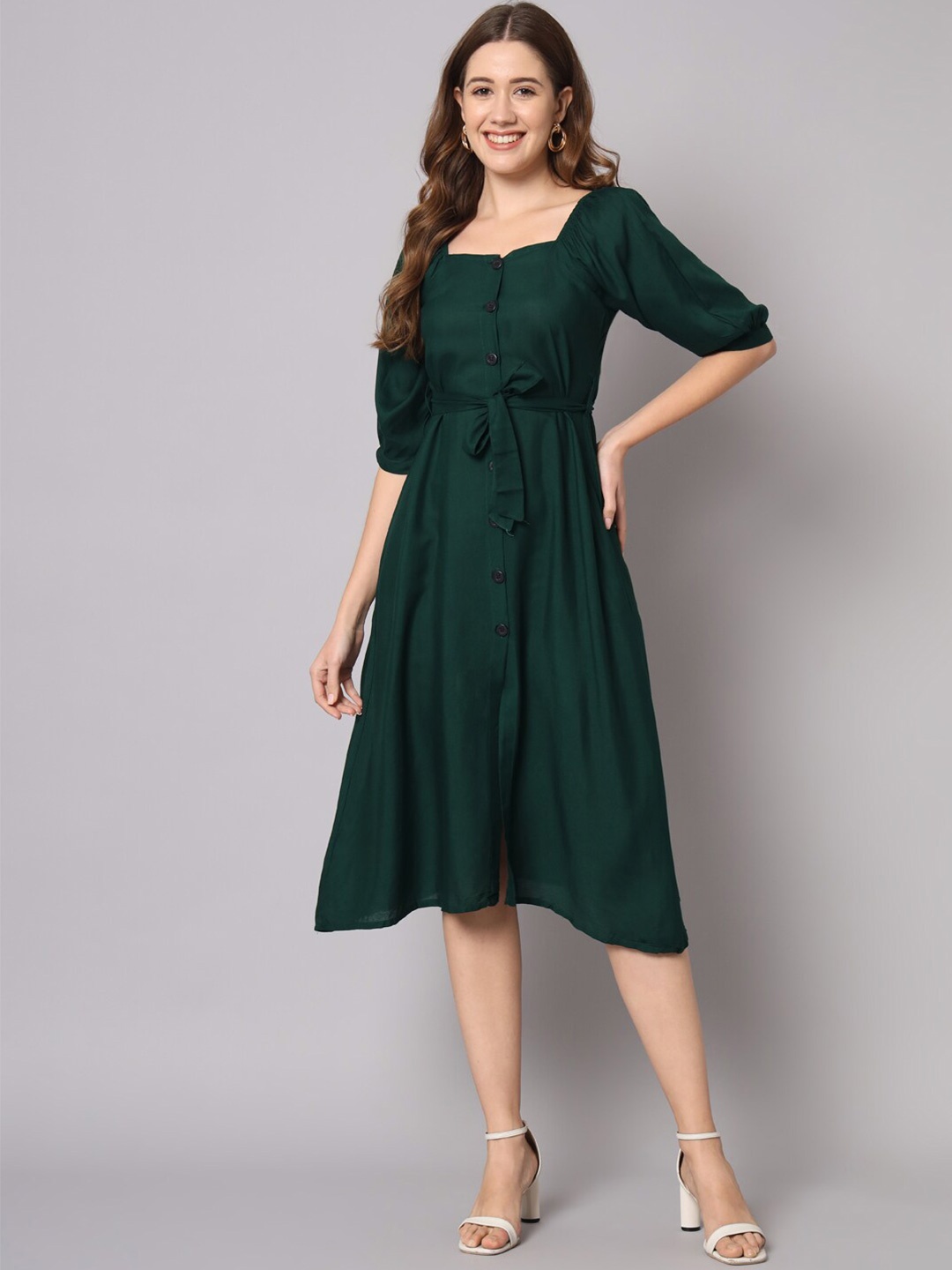 

KALINI Square Neck Puff Sleeve Tie-Up Fit & Flare Midi Dress, Teal