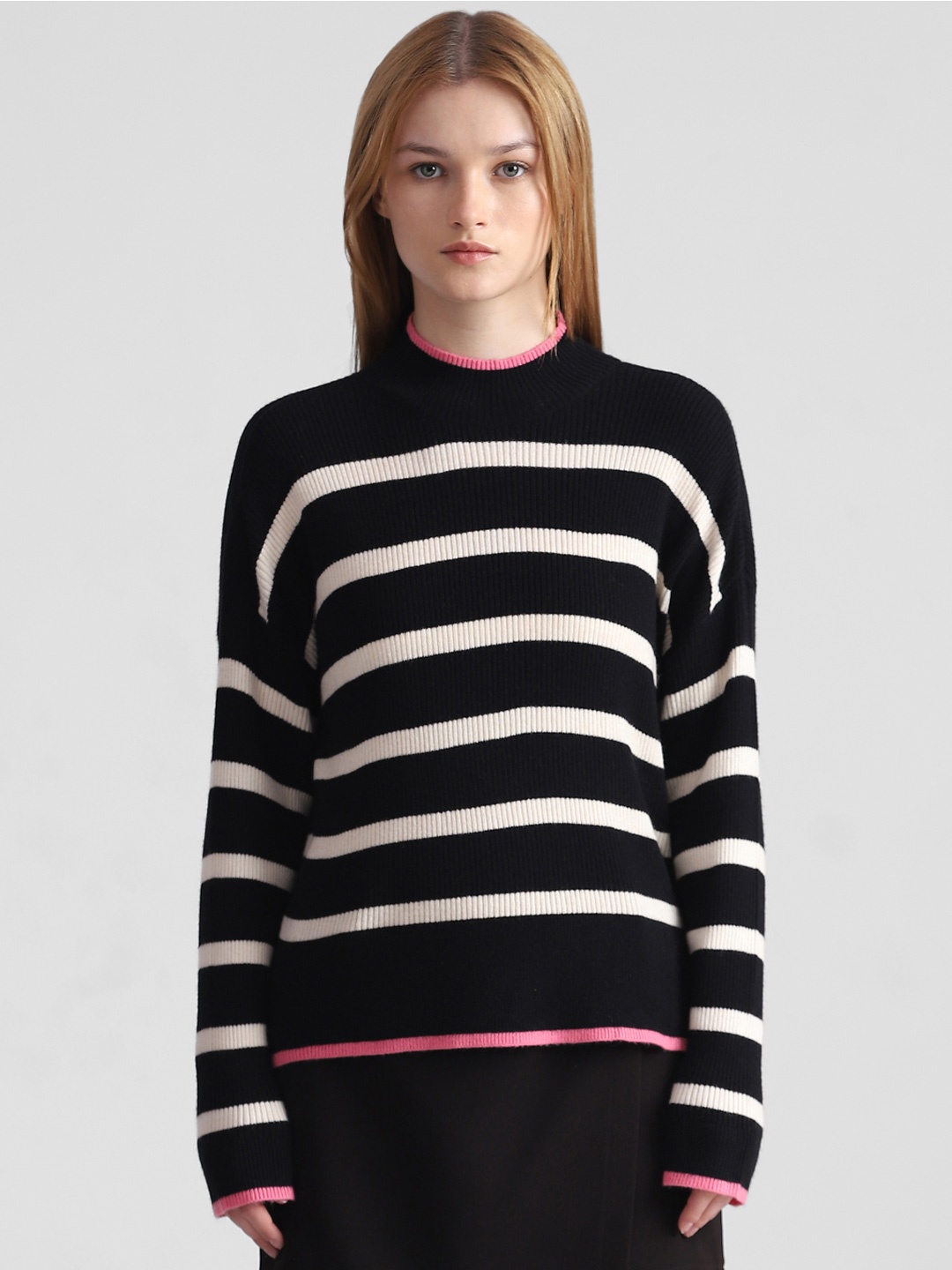 

ONLY Striped Round Neck Pullover, Black