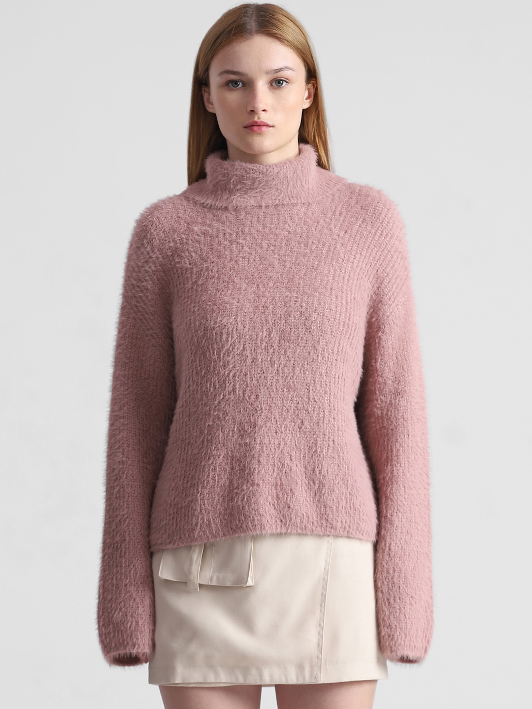 

ONLY Turtle Neck Pullover with Fuzzy Detail, Pink