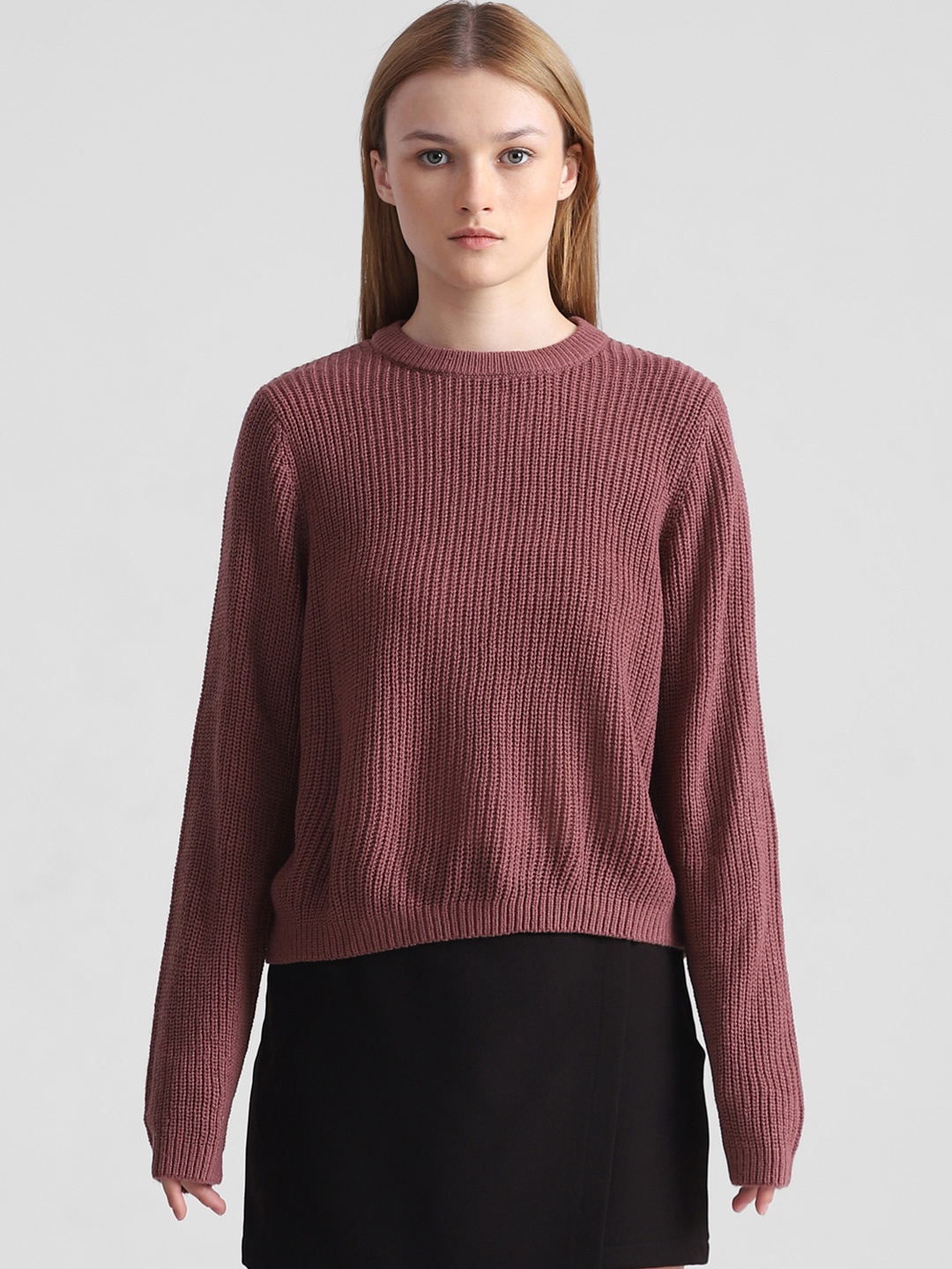 

ONLY Self Design Round Neck Pullover, Brown