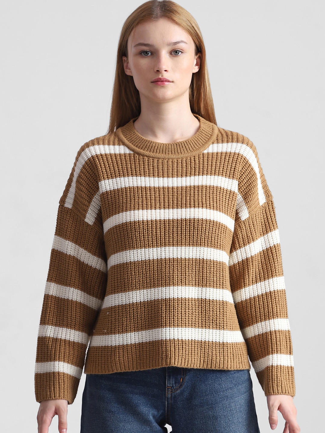 

ONLY Striped Round Neck Pullover, Brown