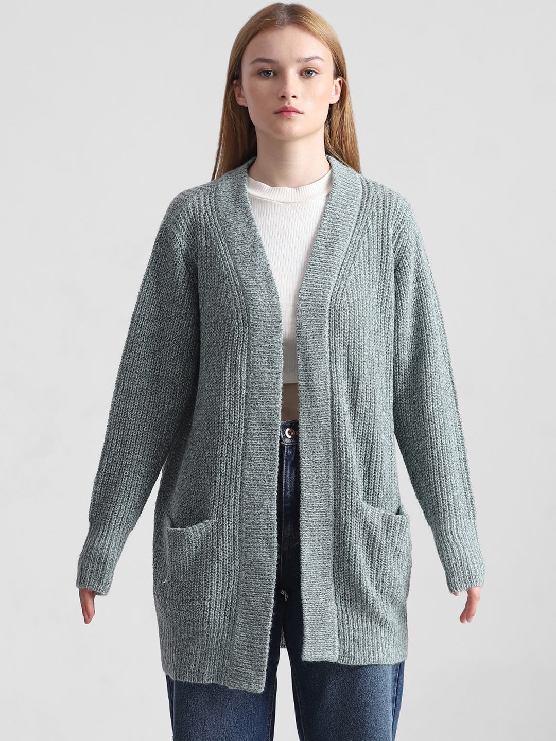 

ONLY Self Design Longline Front-Open Sweaters, Green