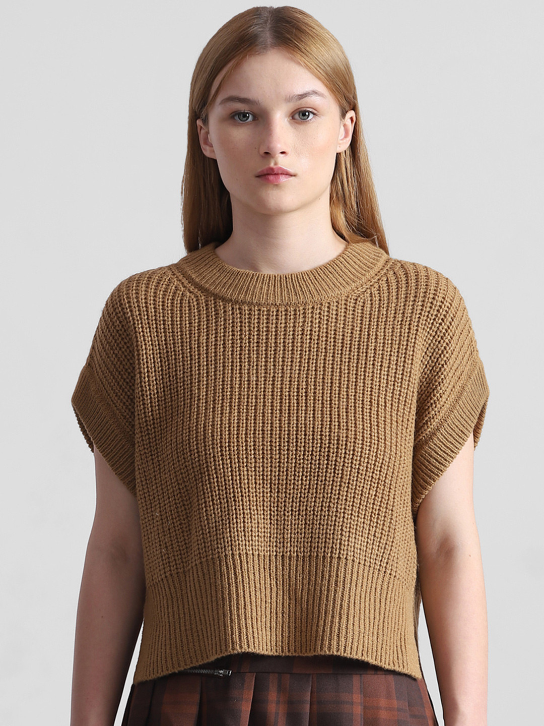 

ONLY Round Neck Ribbed Pullover, Brown