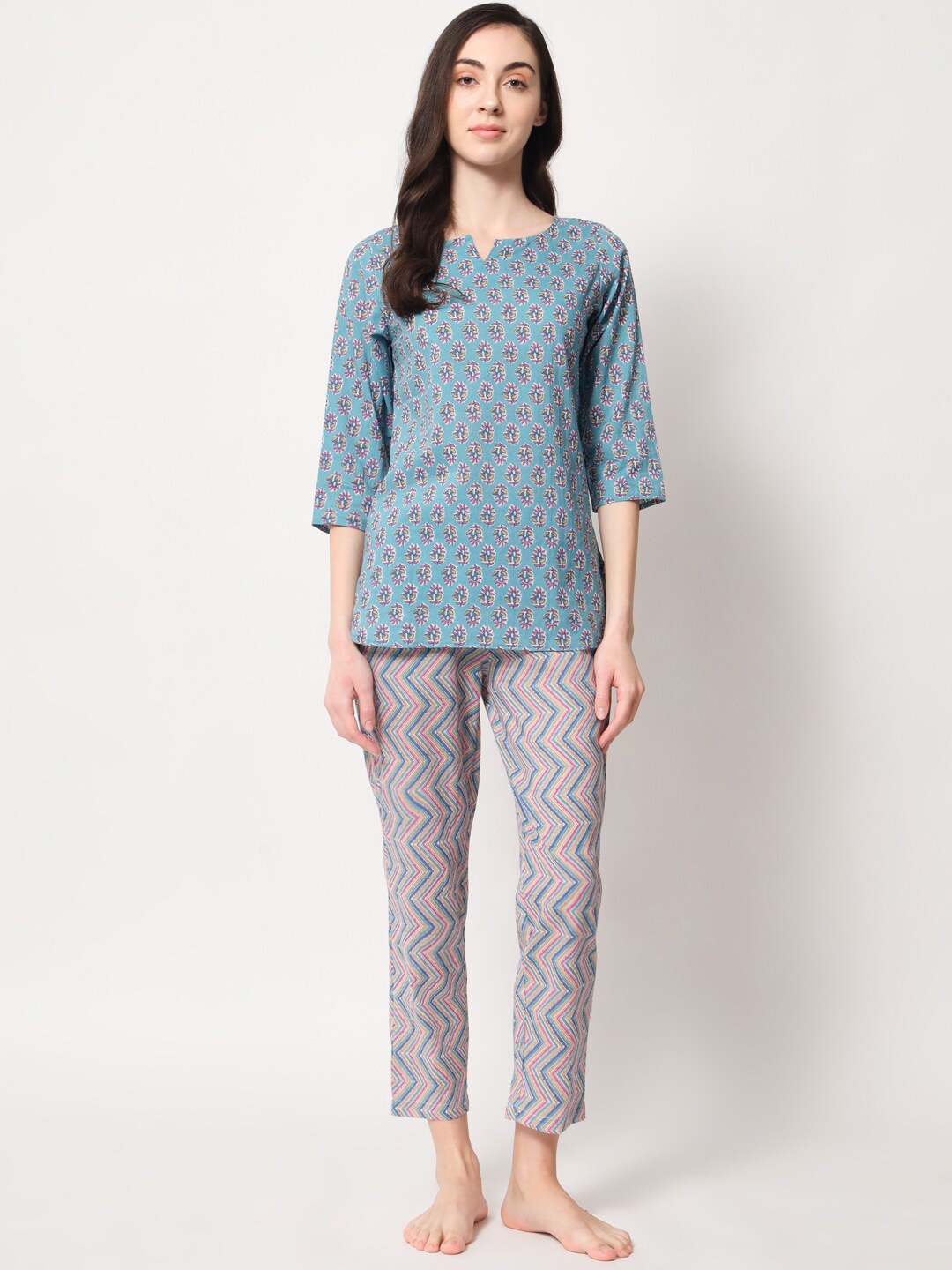 

KALINI Floral Printed Top with Trousers, Blue