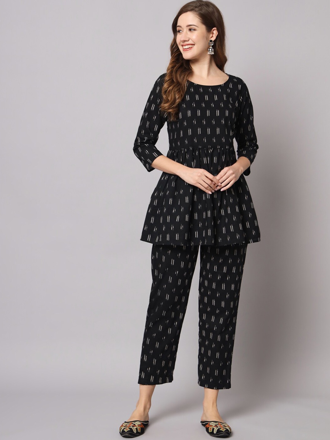 

KALINI Geometric Printed Pure Cotton Top With Trousers, Black
