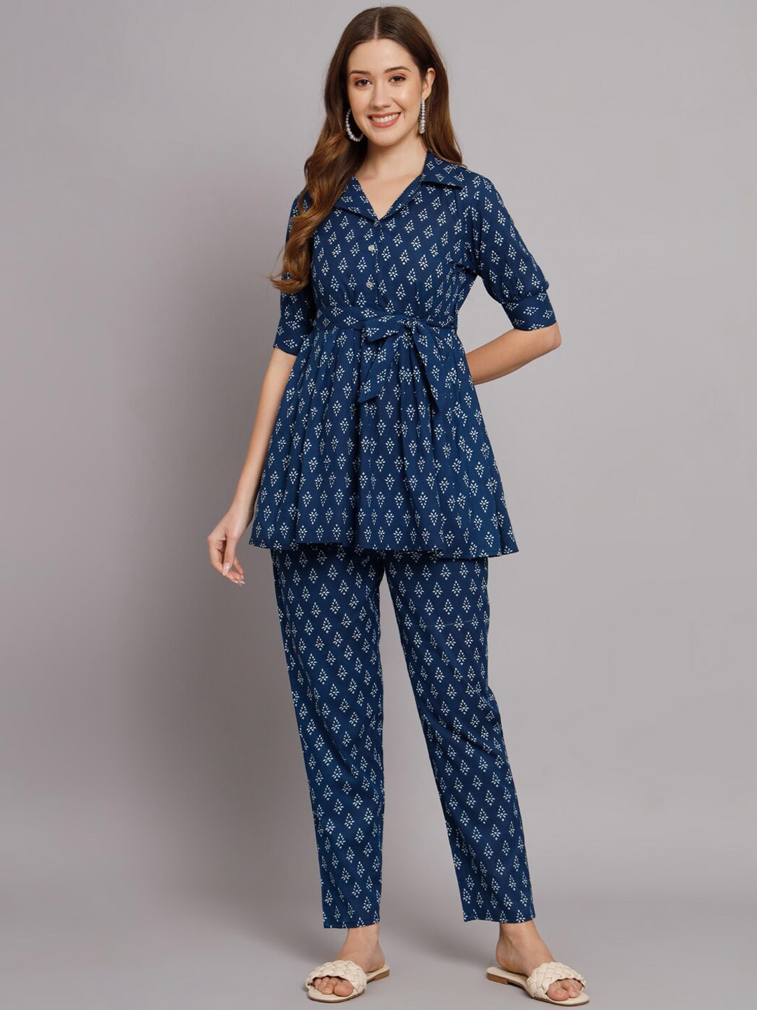 

KALINI Printed Shirt Collar Pure Cotton Top With Trousers, Blue