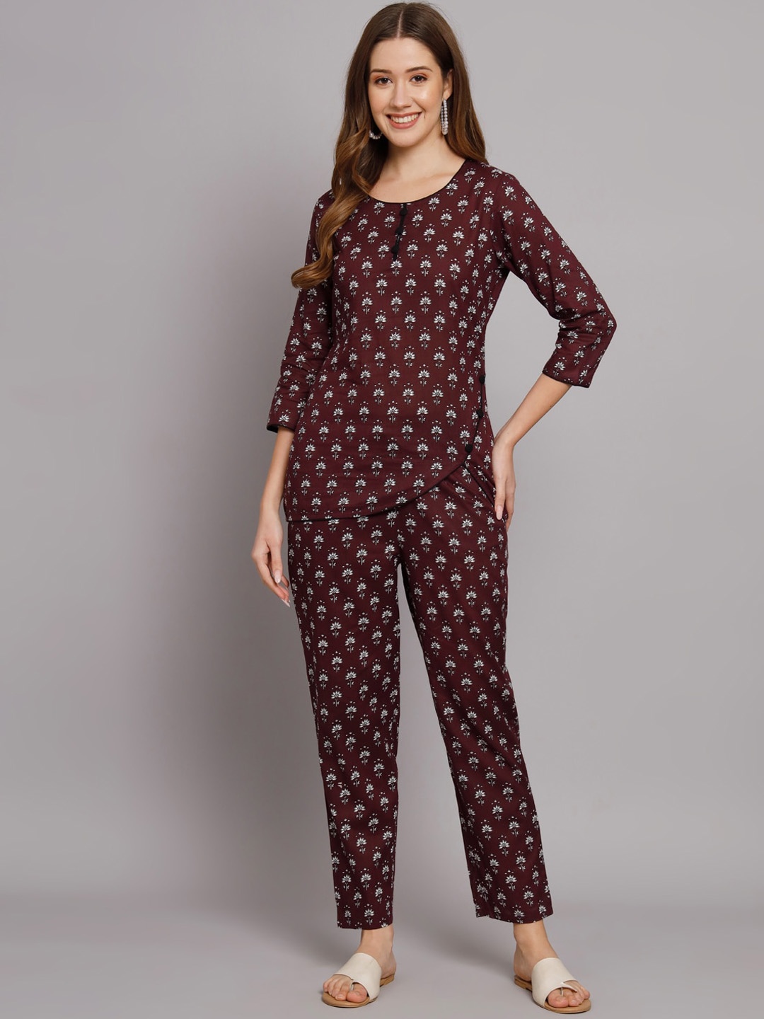 

KALINI Ethnic Mothifs Printed Pure Cotton Top With Trouser, Burgundy