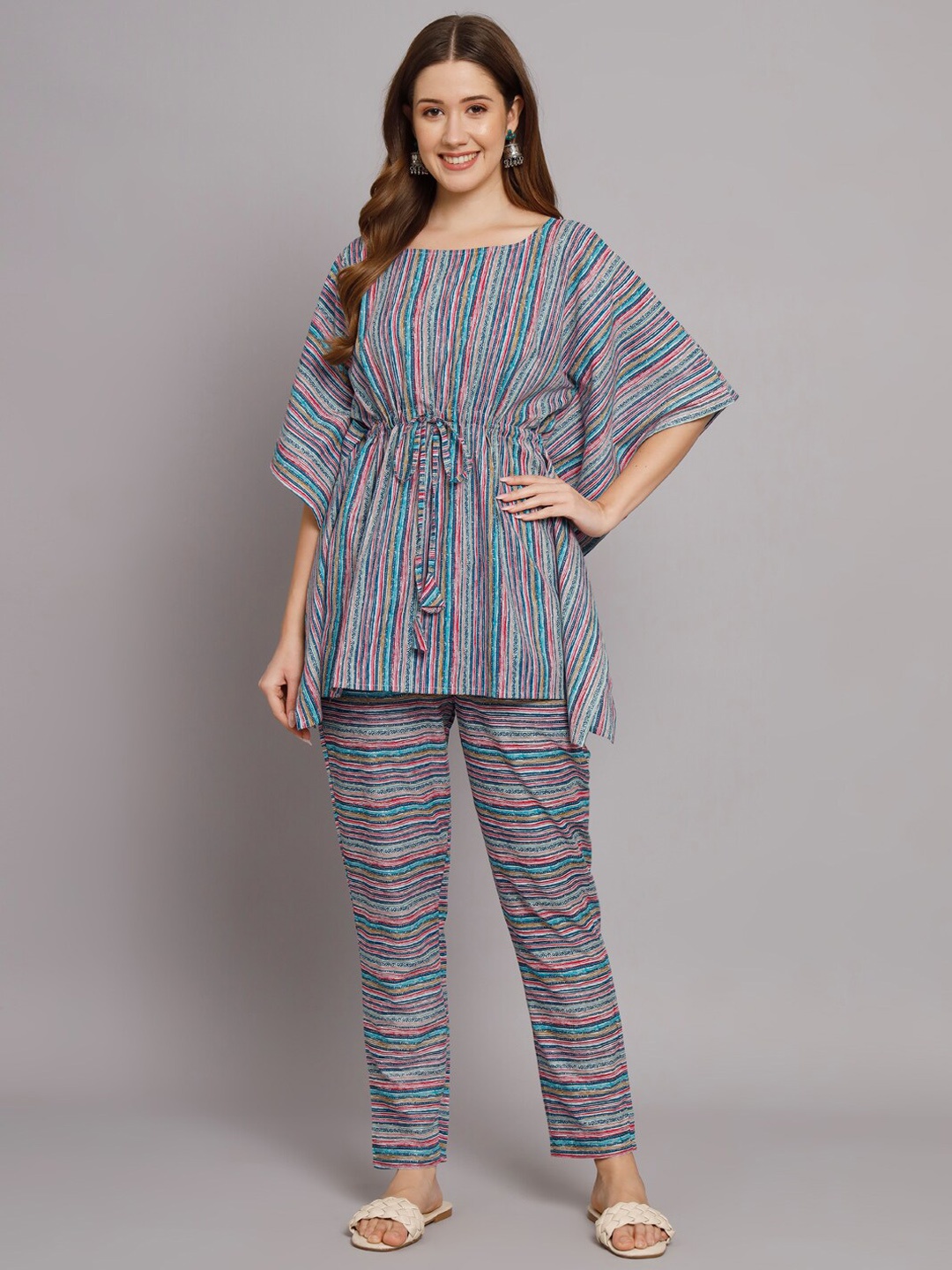 

KALINI Striped Pure Cotton Kaftan Top With Trouser, Blue
