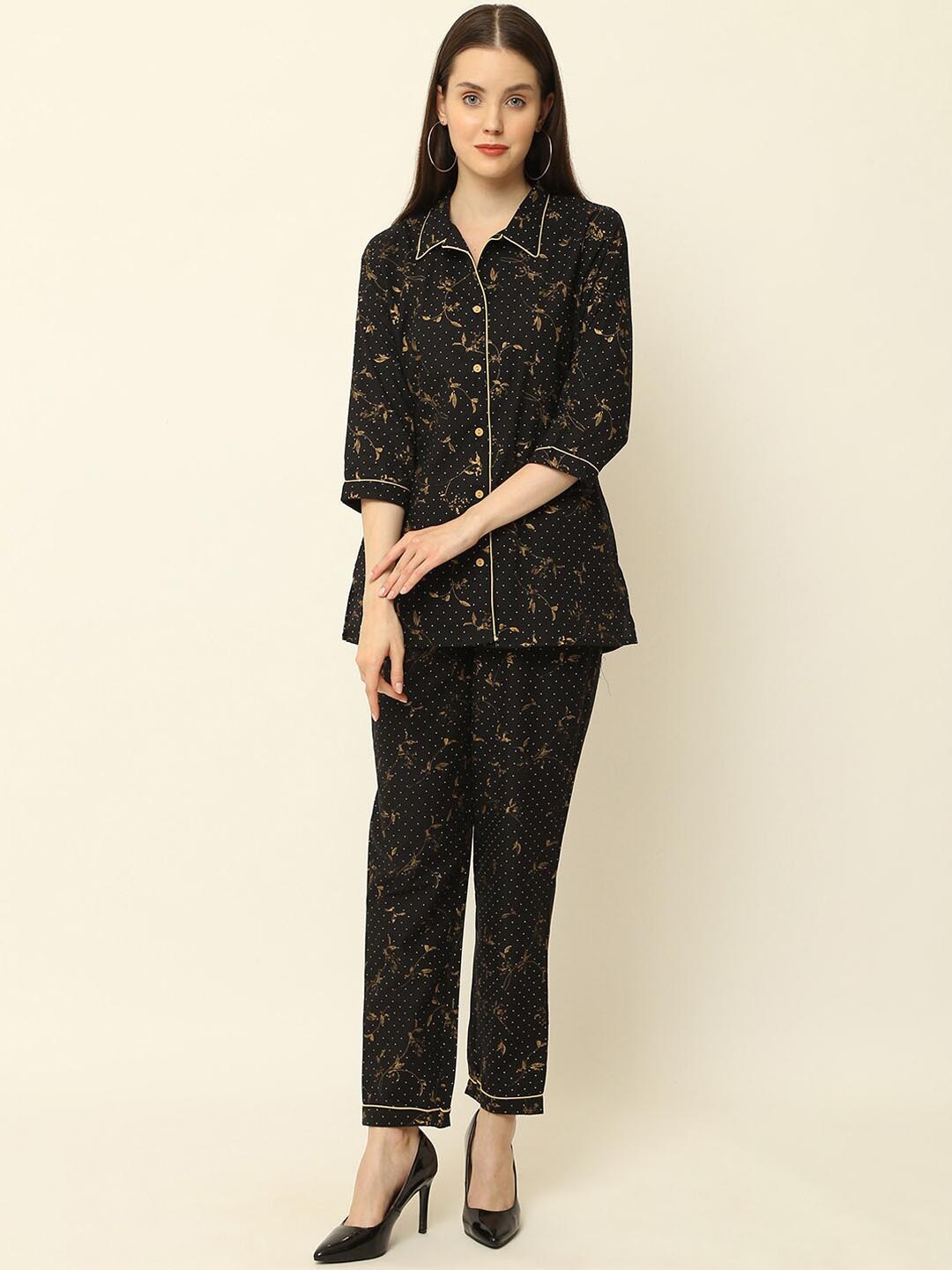 

KALINI Floral Printed Shirt And Pyjamas, Black