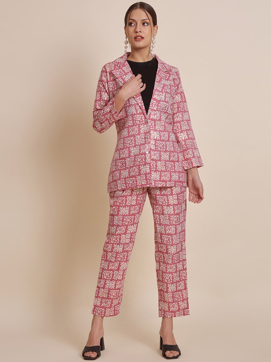 

KALINI Printed Notched Lapel Collar Coat with Trousers, Pink