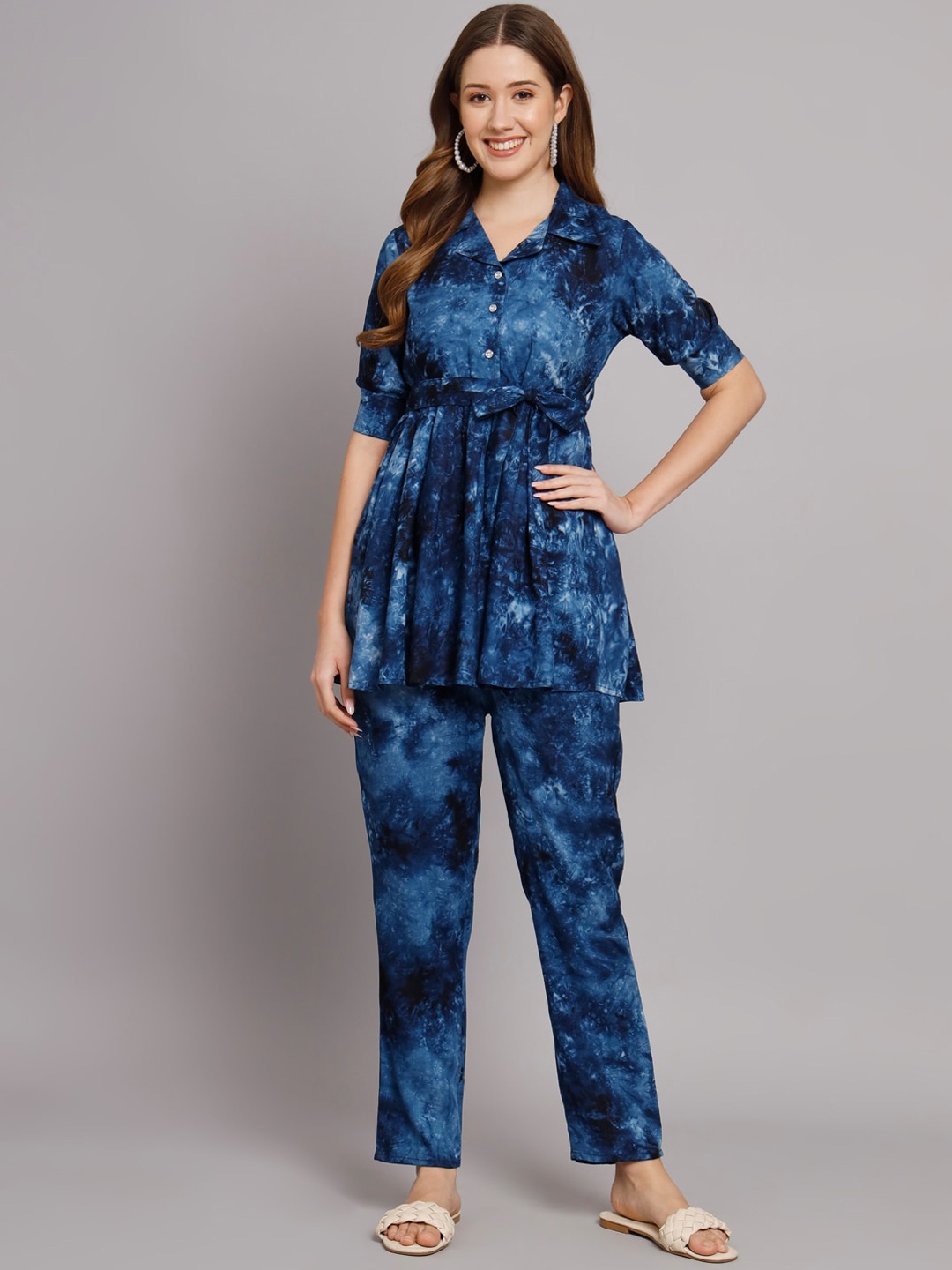 

KALINI Tie & Dye Printed Notched Lapel Collar Top with Trousers, Navy blue