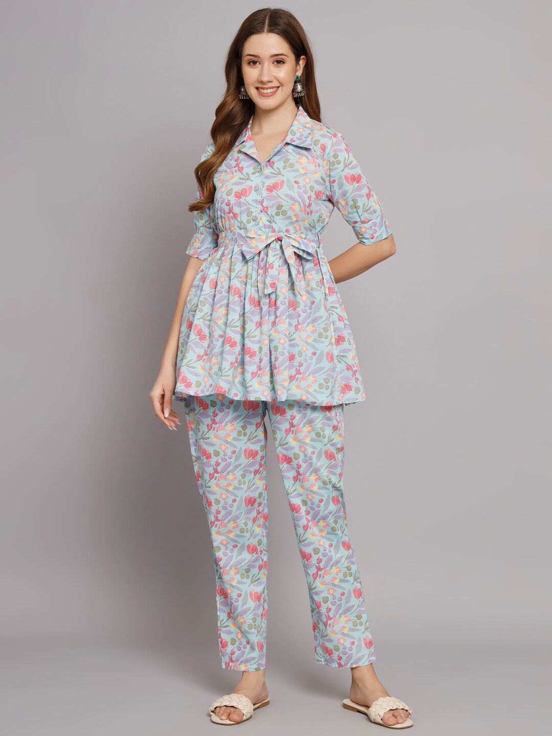 

KALINI Floral Printed Notched Lapel Collar Pure Cotton Top with Trousers, Blue