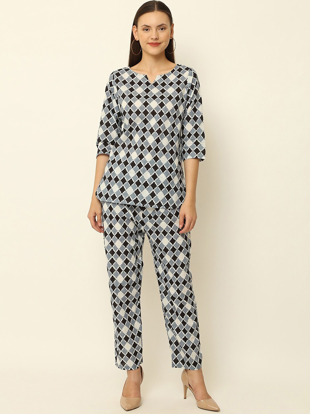 

KALINI Printed Pure Cotton Top with Trousers, Grey