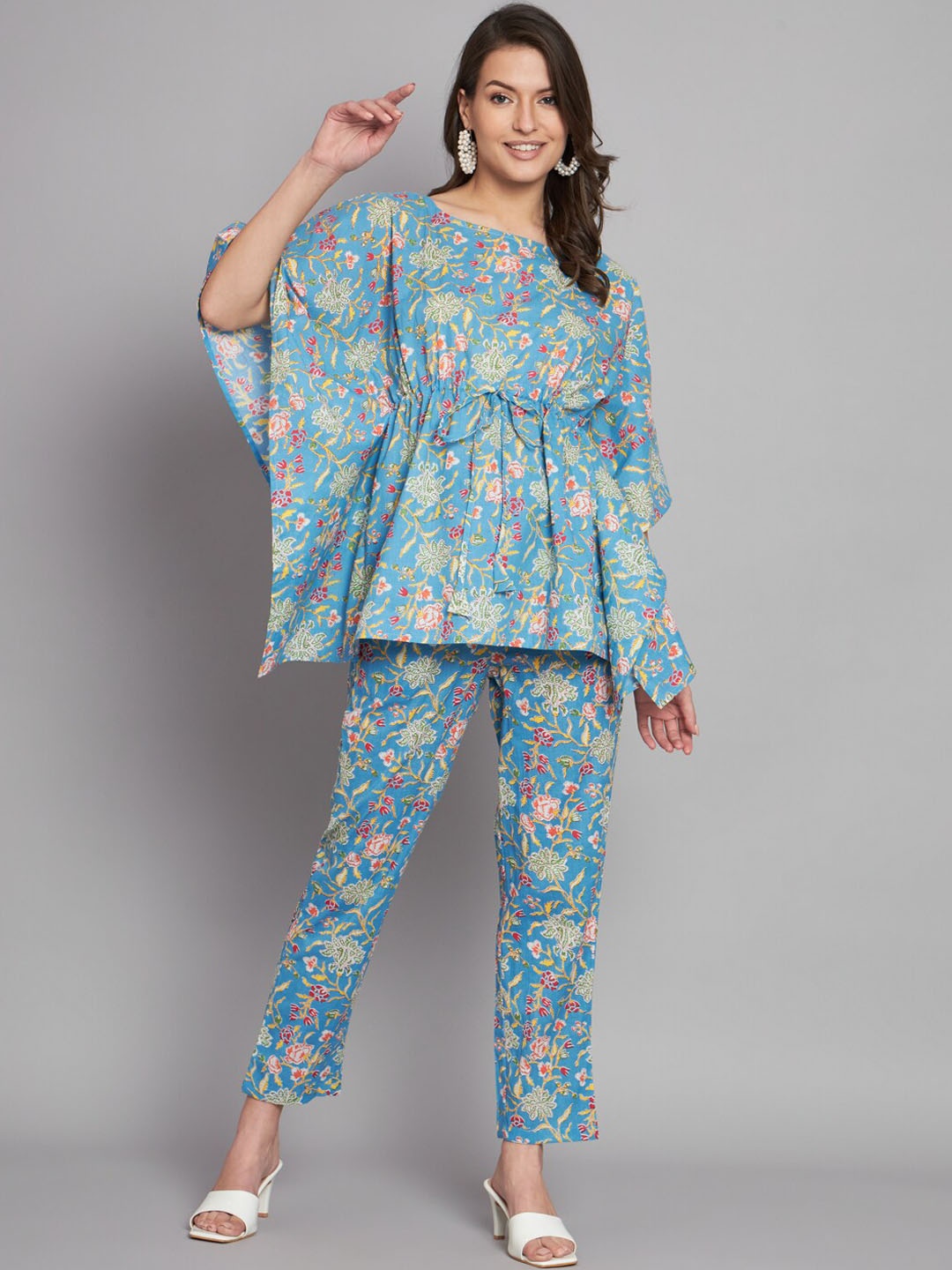 

KALINI Floral Printed Pure Cotton Kaftan & Trouser, Blue