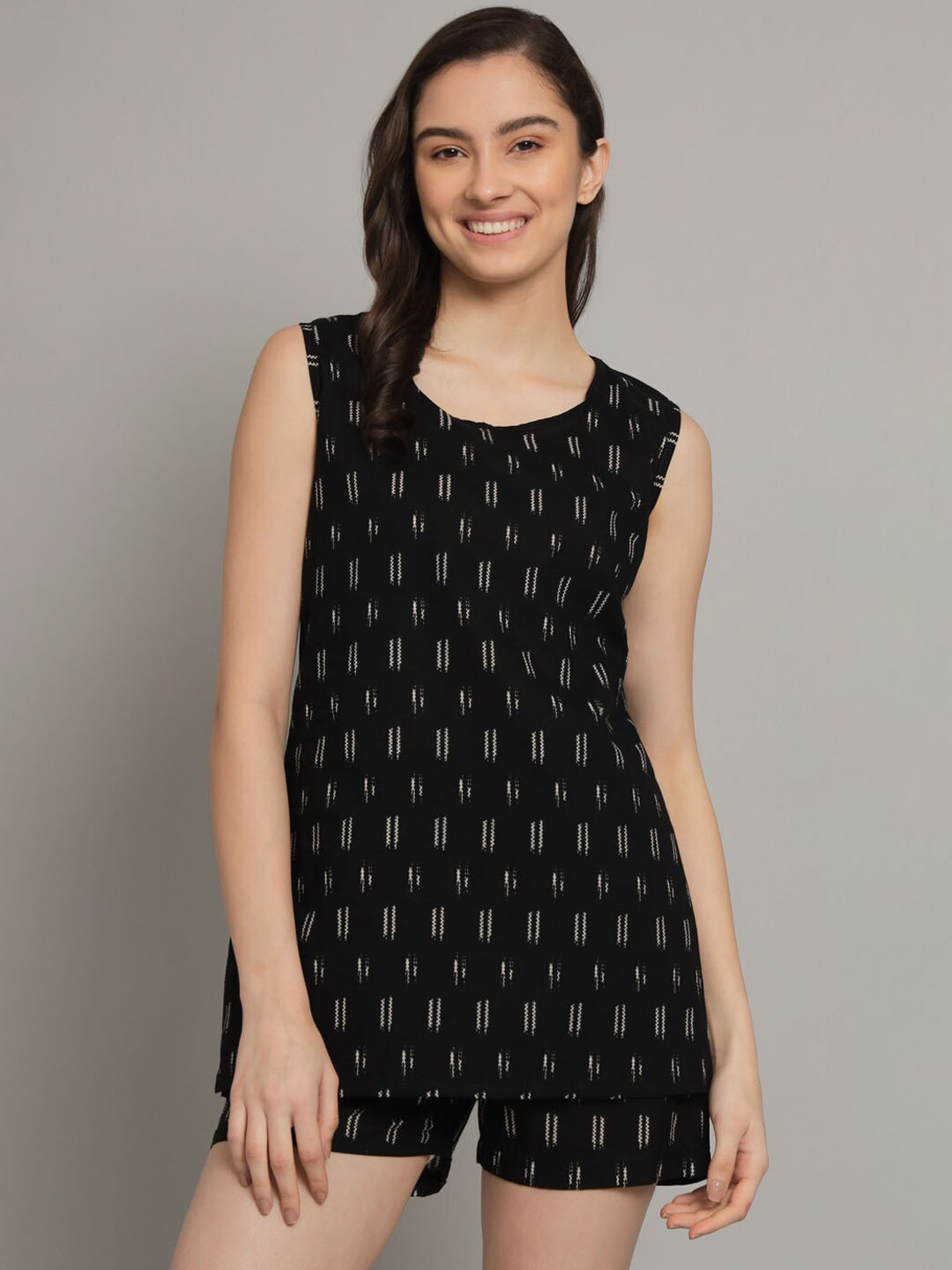 

KALINI Printed Pure Cotton Top with Shorts, Black