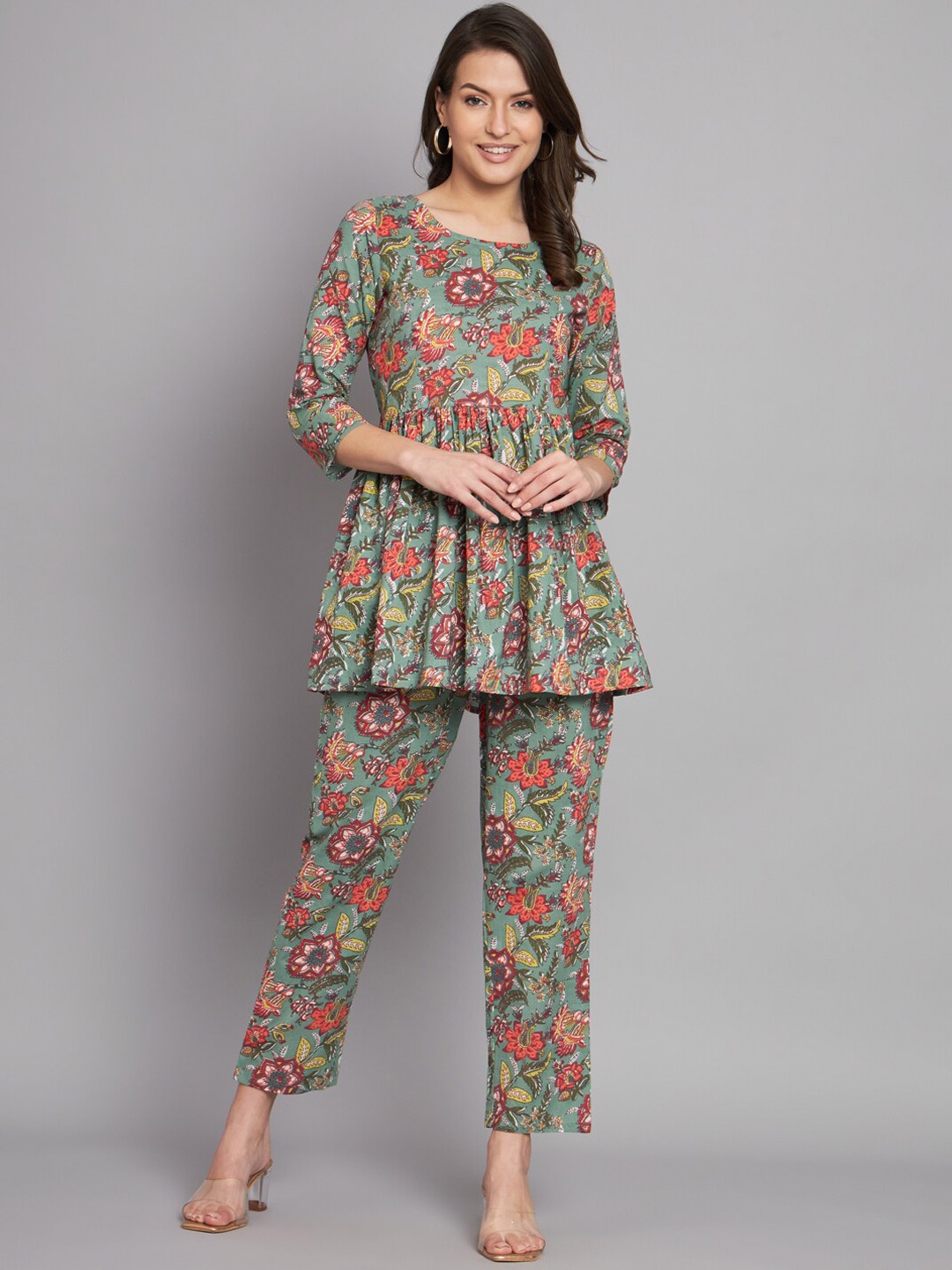 

KALINI Floral Printed Pure Cotton Tunic with Trousers, Green
