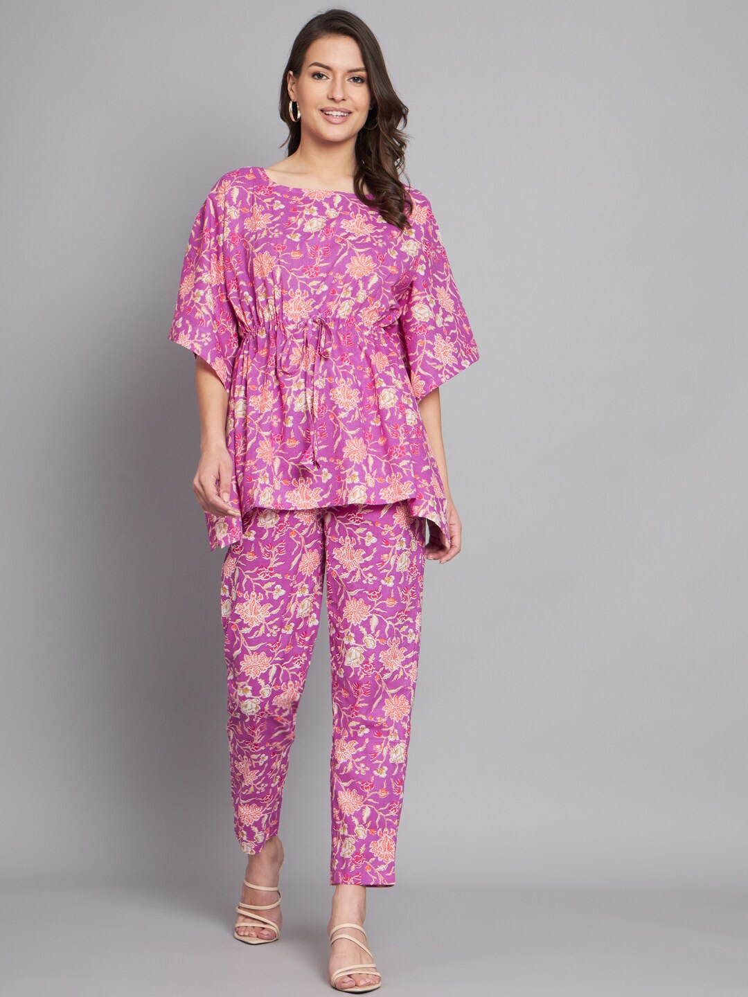 

KALINI Floral Printed Pure Cotton Kaftan With Trousers, Purple
