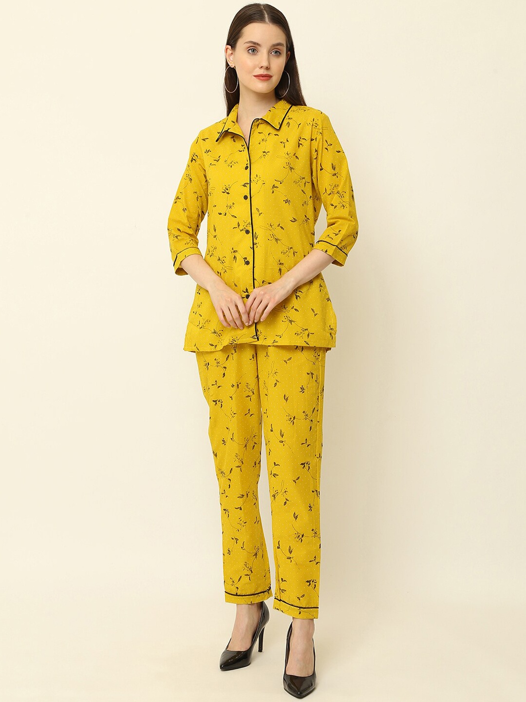 

KALINI Floral Printed Shirt Collar Pure Cotton Shirt With Pyjama, Mustard
