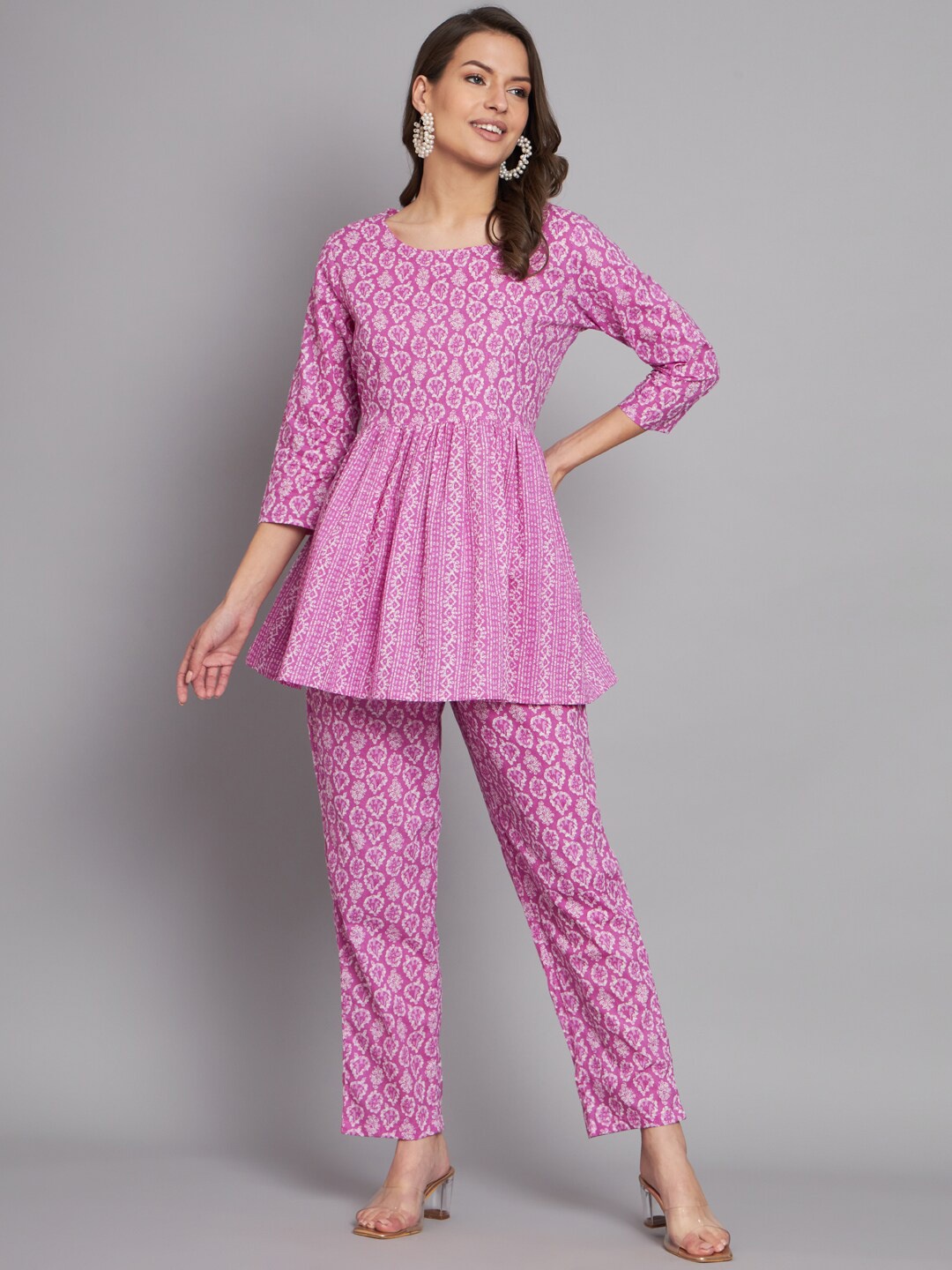 

KALINI Floral Printed Pure Cotton Tunic With Trousers, Purple