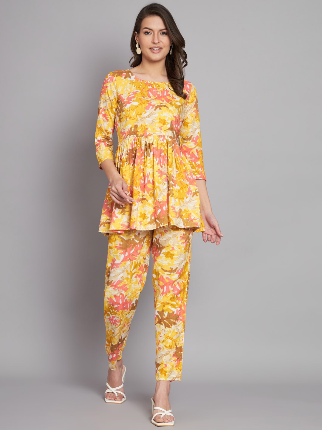 

KALINI Floral Printed Pleated Detail Tunic With Trousers, Yellow