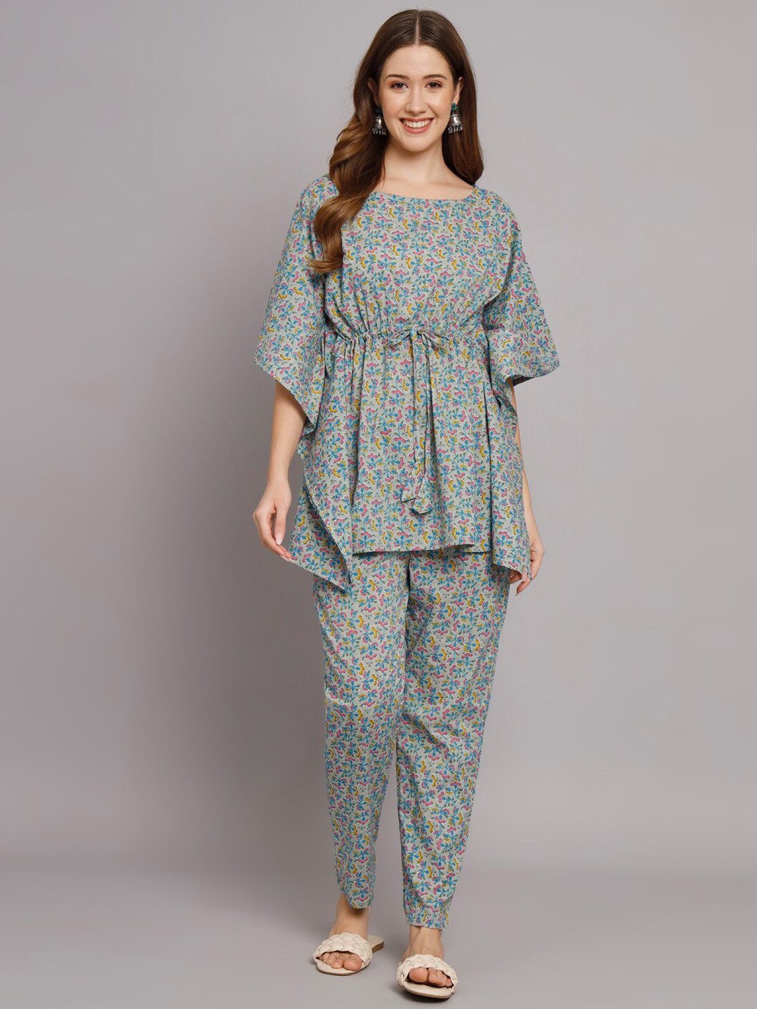 

KALINI Round Neck Floral Printed Kaftan Top and Trousers Co-Ords, Green