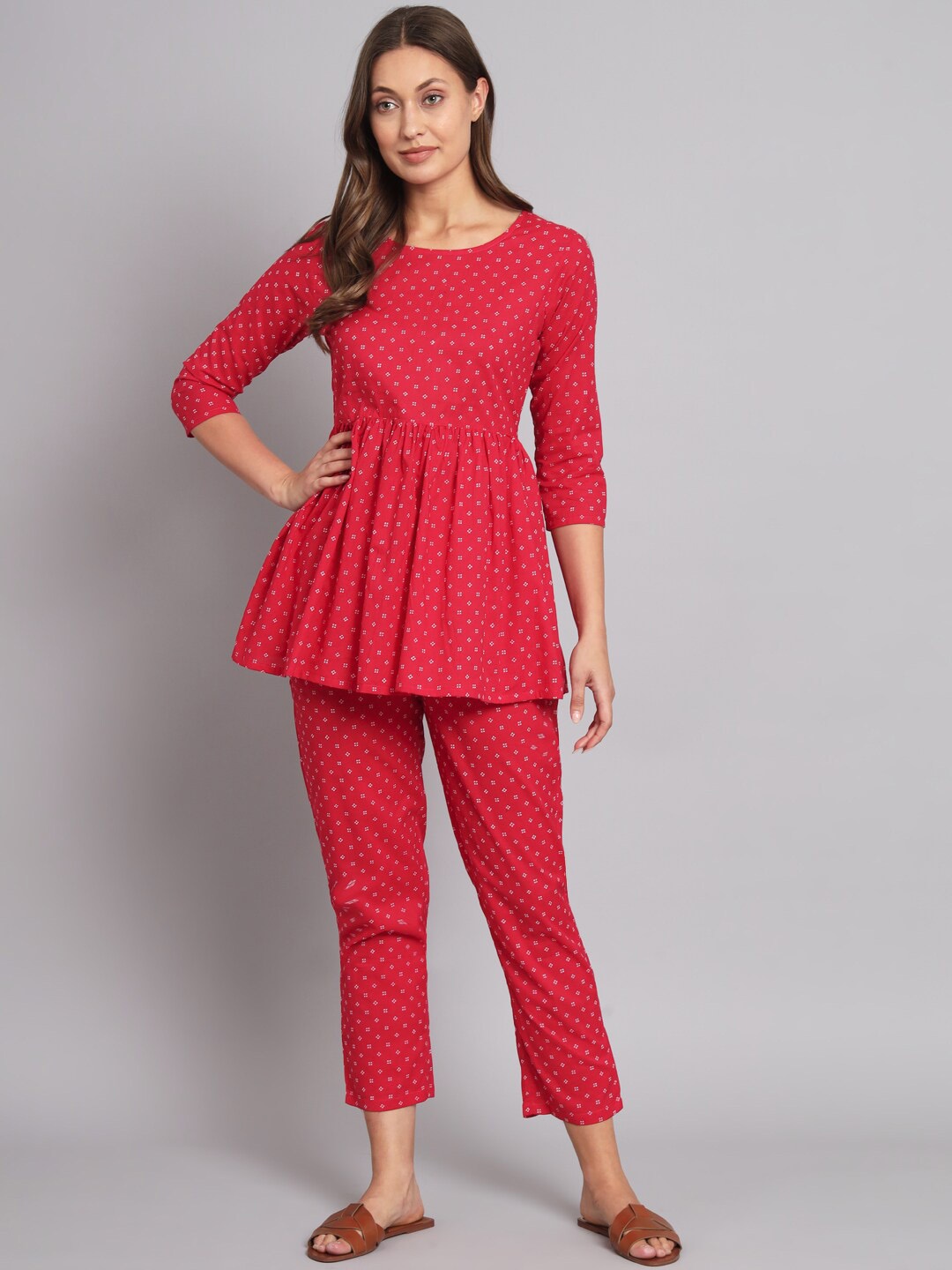 

KALINI Round Neck Ethnic Printed Cotton Tunic and Trousers Co-Ords, Red