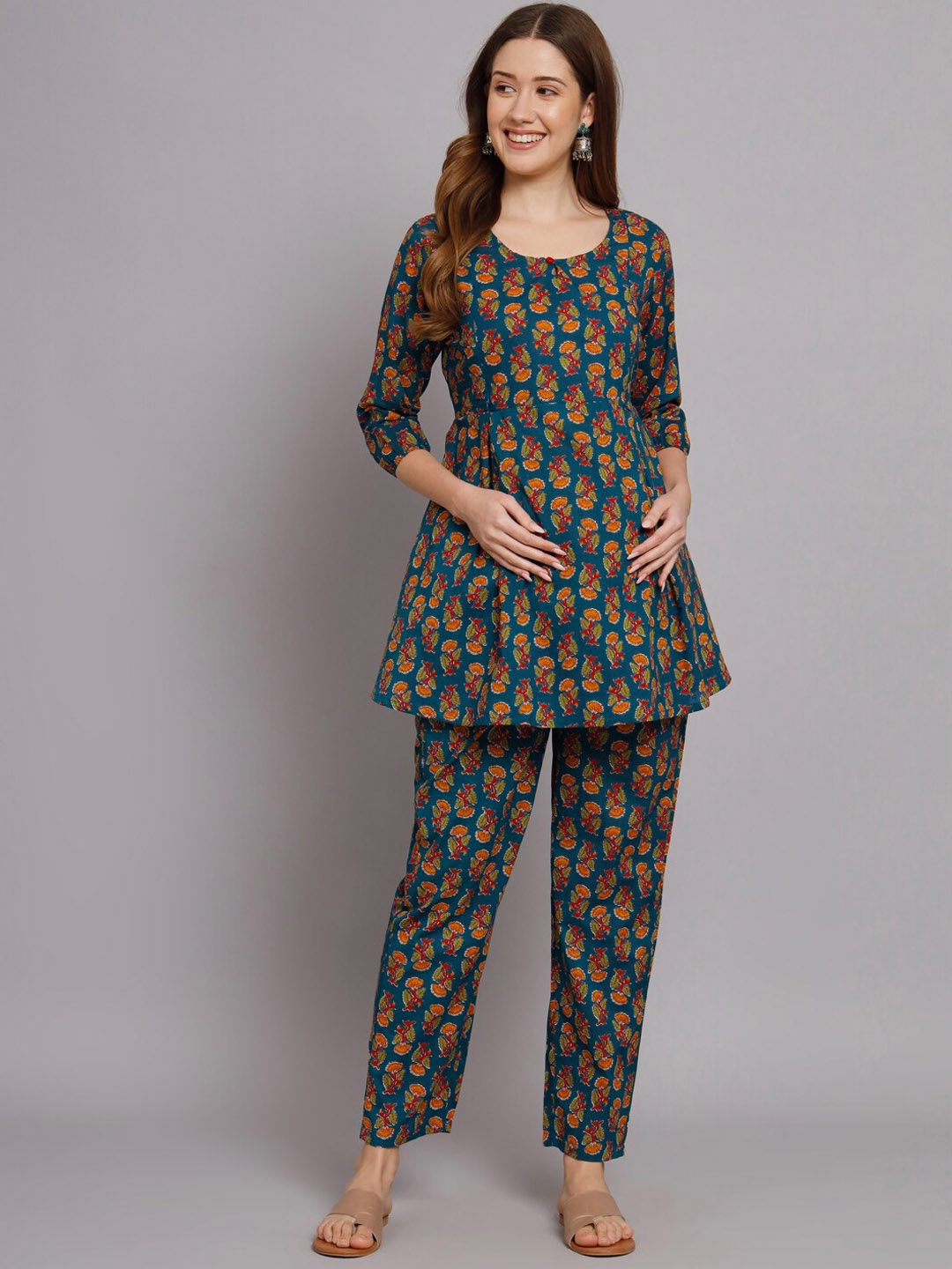 

KALINI Round Neck Floral Printed Pure Cotton Maternity Feeding Tunic & Trouser Co Ords, Teal