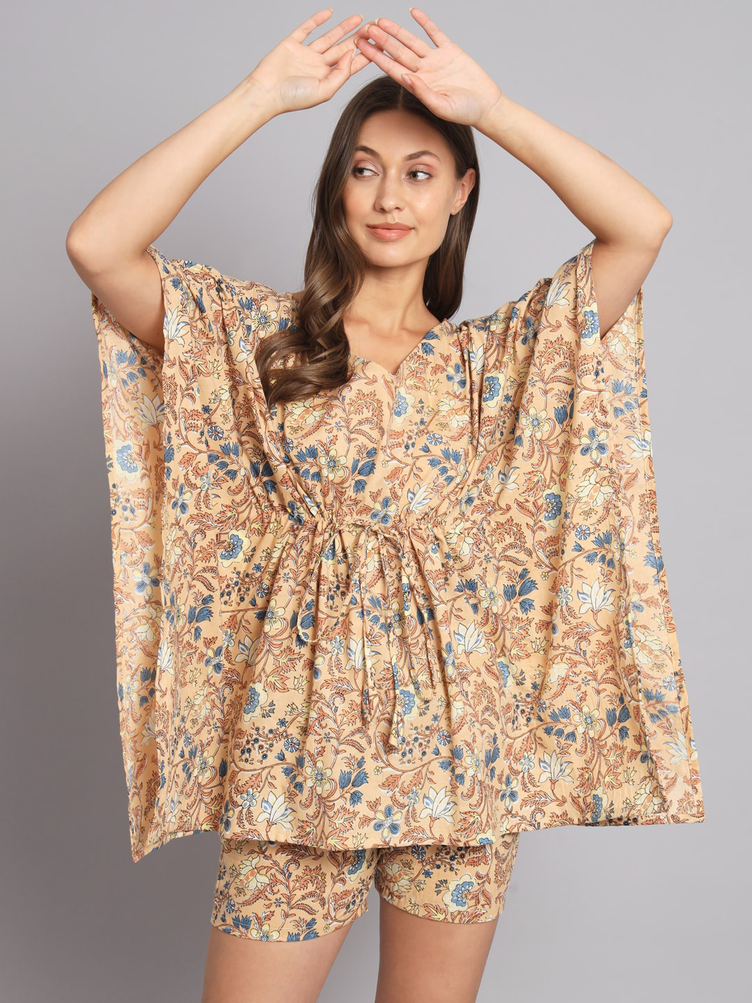 

KALINI V neck Floral Printed Pure Cotton Kaftan Top With Shorts Co-Ords, Beige