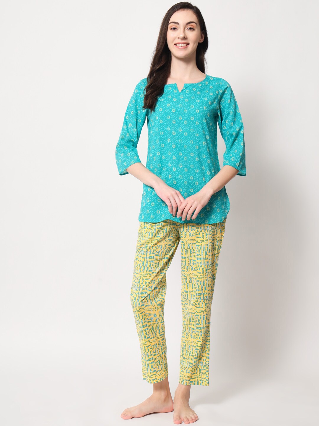

KALINI Round Neck Ethnic Printed Top and Trousers Co-Ords, Sea green