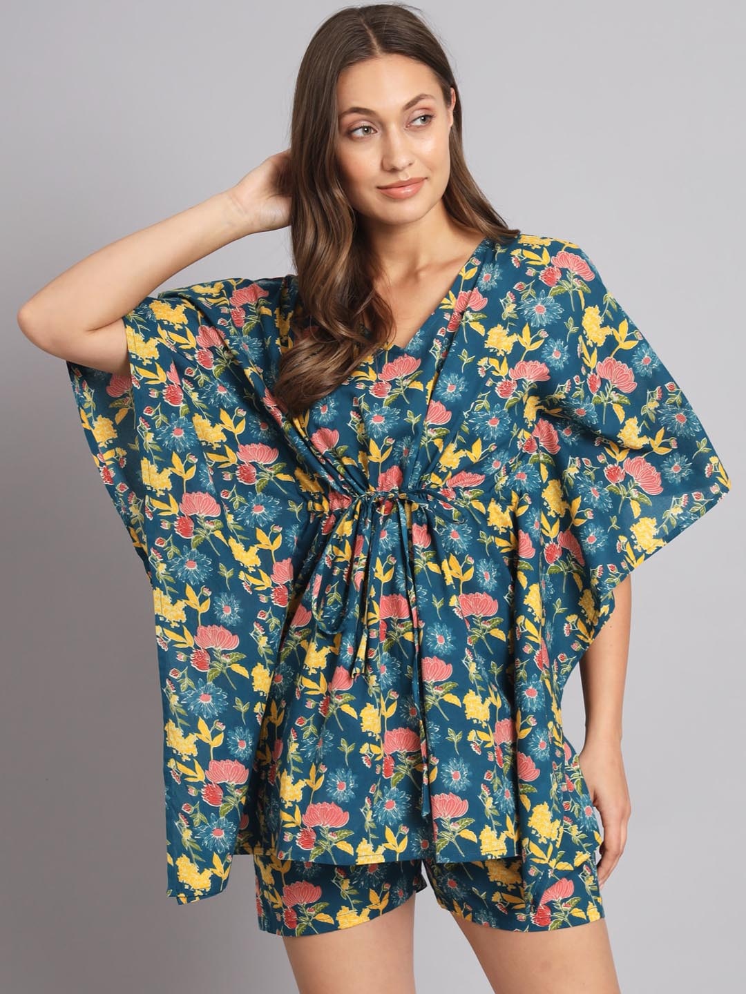 

KALINI V Neck Floral Print Kaftan & Short Co-Ord Set, Blue