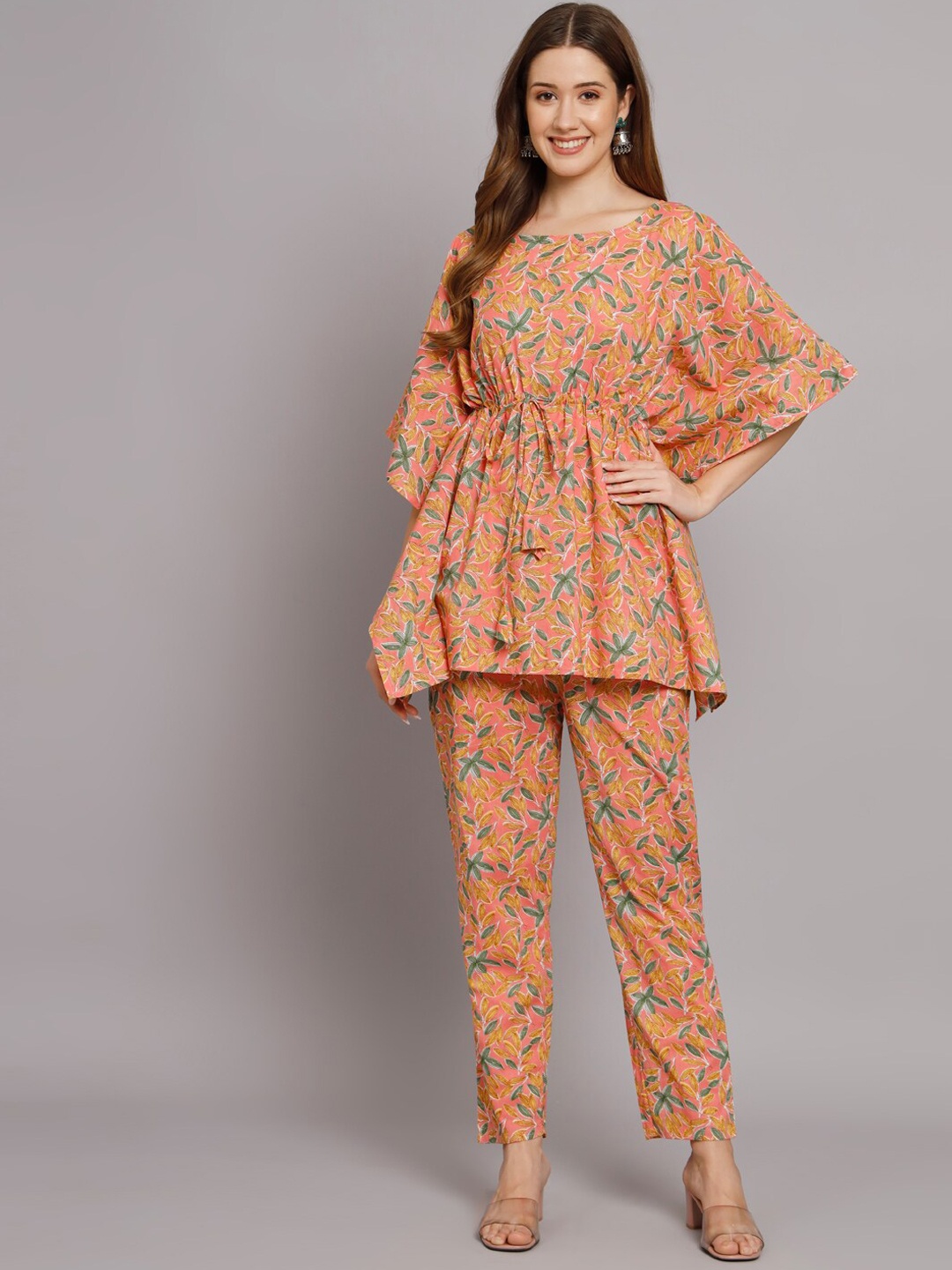 

KALINI Floral Printed Round Neck Caftan With Trousers, Peach