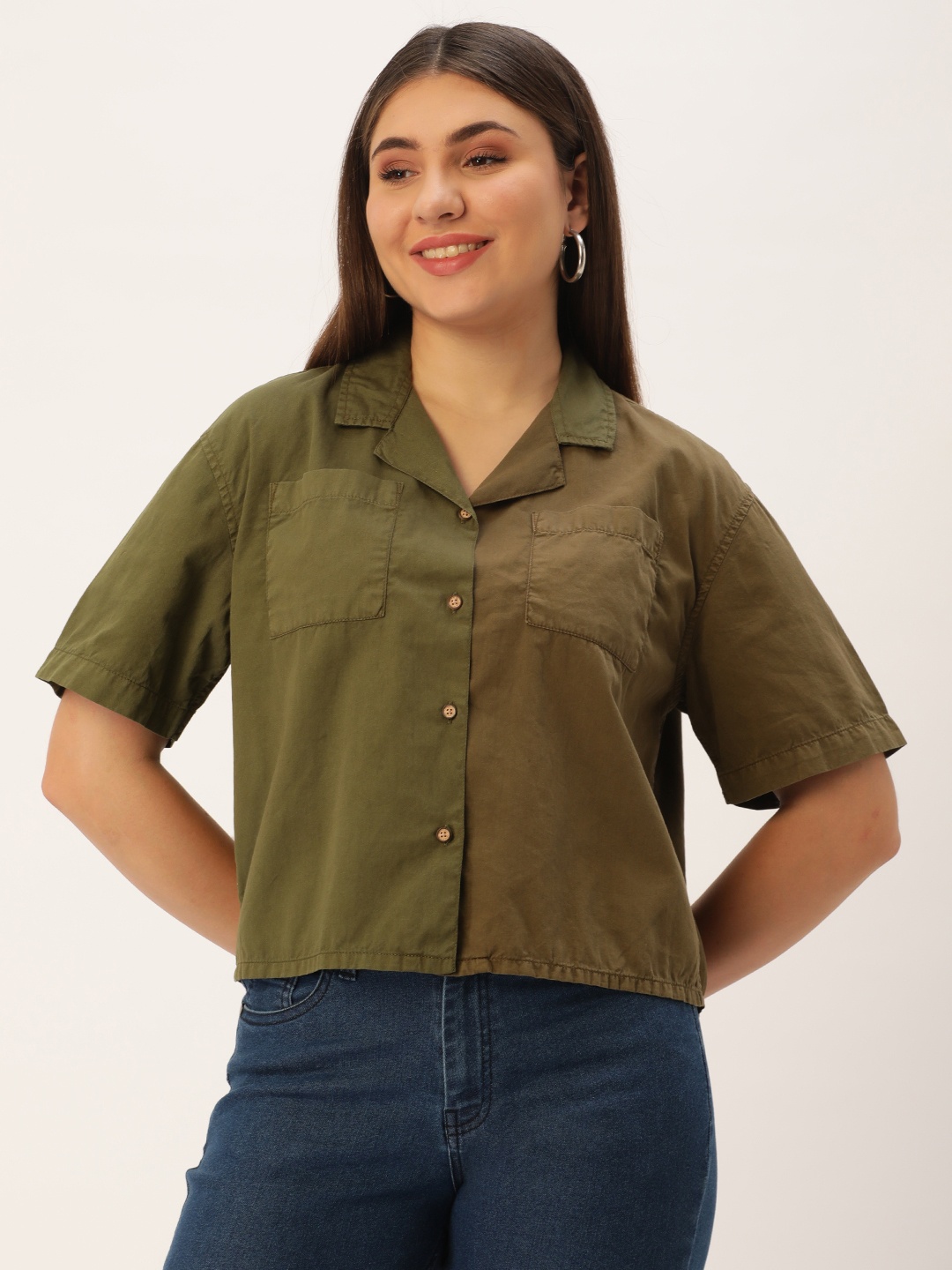 

Bene Kleed Women Boxy Colourblocked Cotton Casual Shirt, Olive
