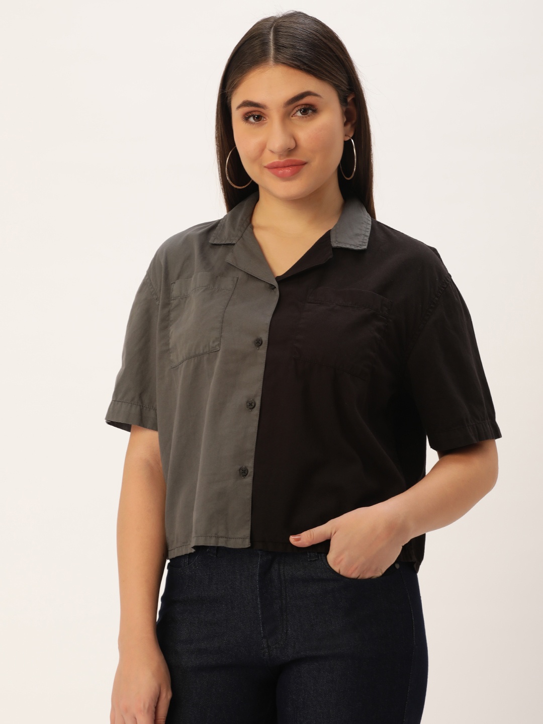 

Bene Kleed Women Boxy Dyed Colourblocked Cotton Casual Shirt, Black