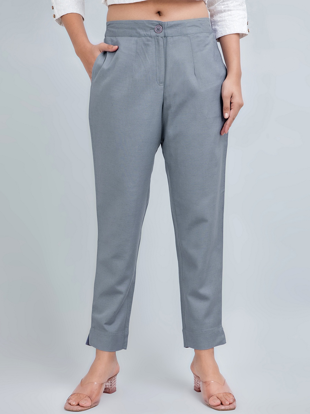 

SUTI Women Mid Rise Cotton Trousers, Grey