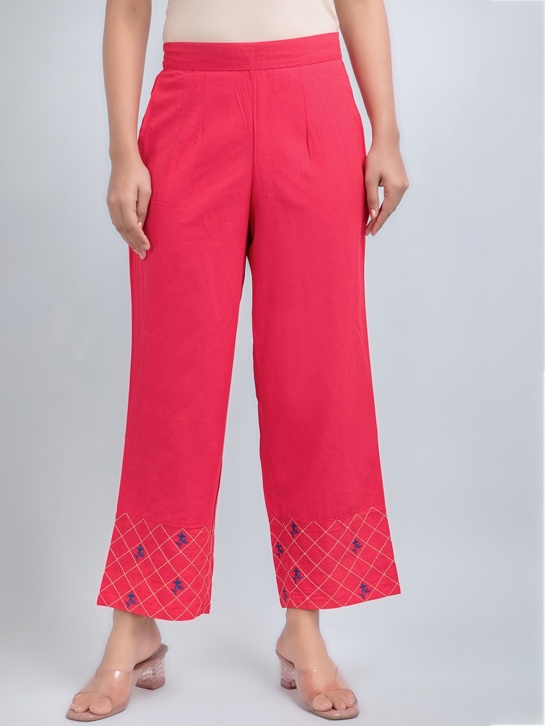 

SUTI Women Mid-Rise Embroidered Loose Fit Trousers, Pink