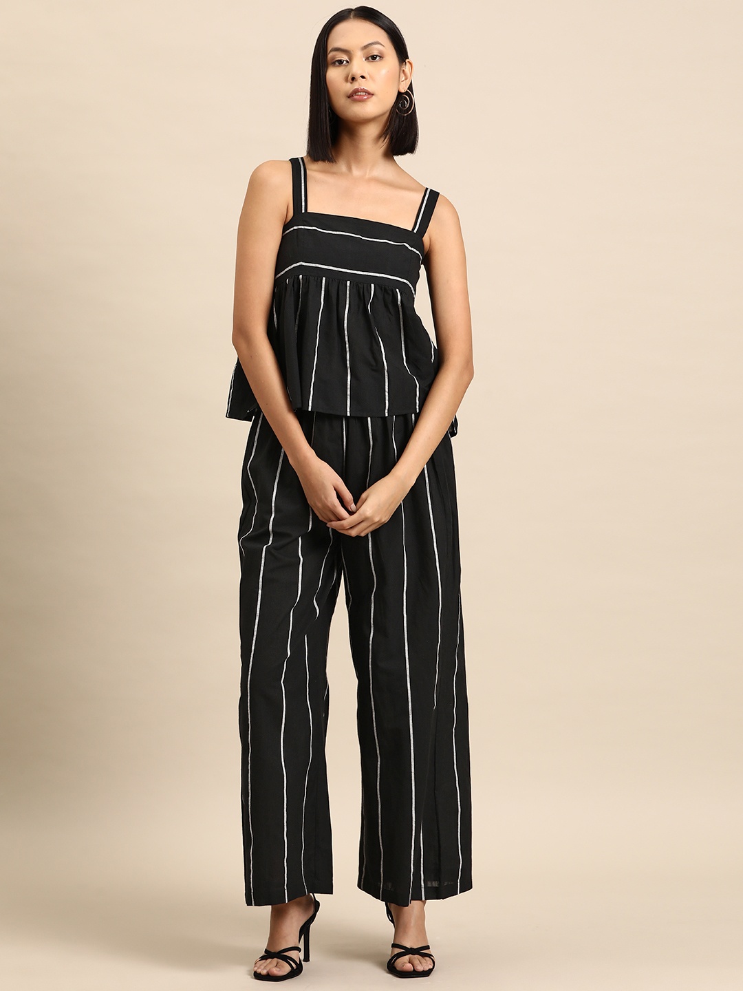 

all about you Striped Pure Cotton Top with Palazzos, Black