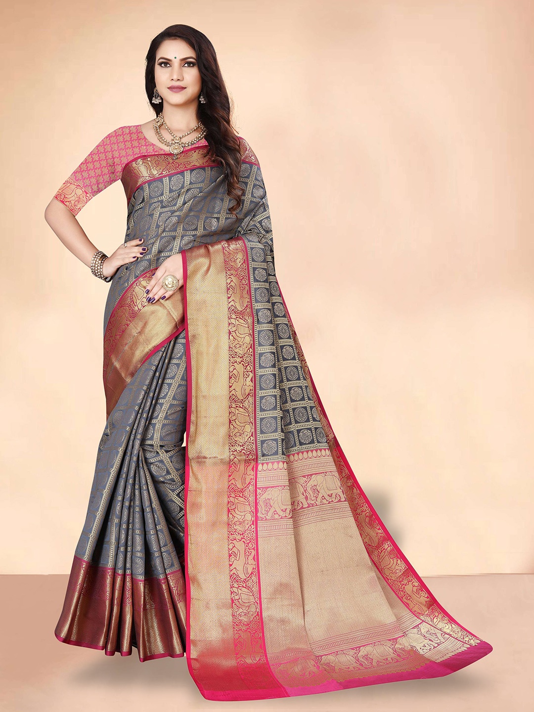 

SGF11 Woven Design Pure Zari Heavy Work Kanjeevaram Silk Saree, Grey