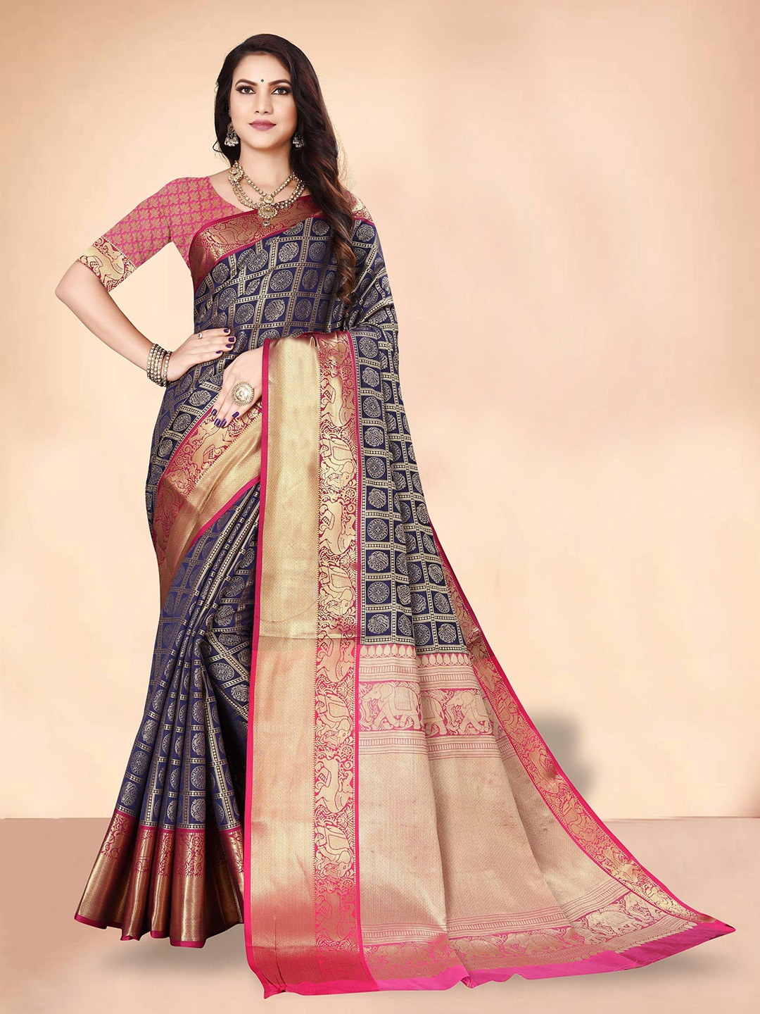 

SGF11 Woven Design Pure Zari Heavy Work Kanjeevaram Silk Saree, Blue