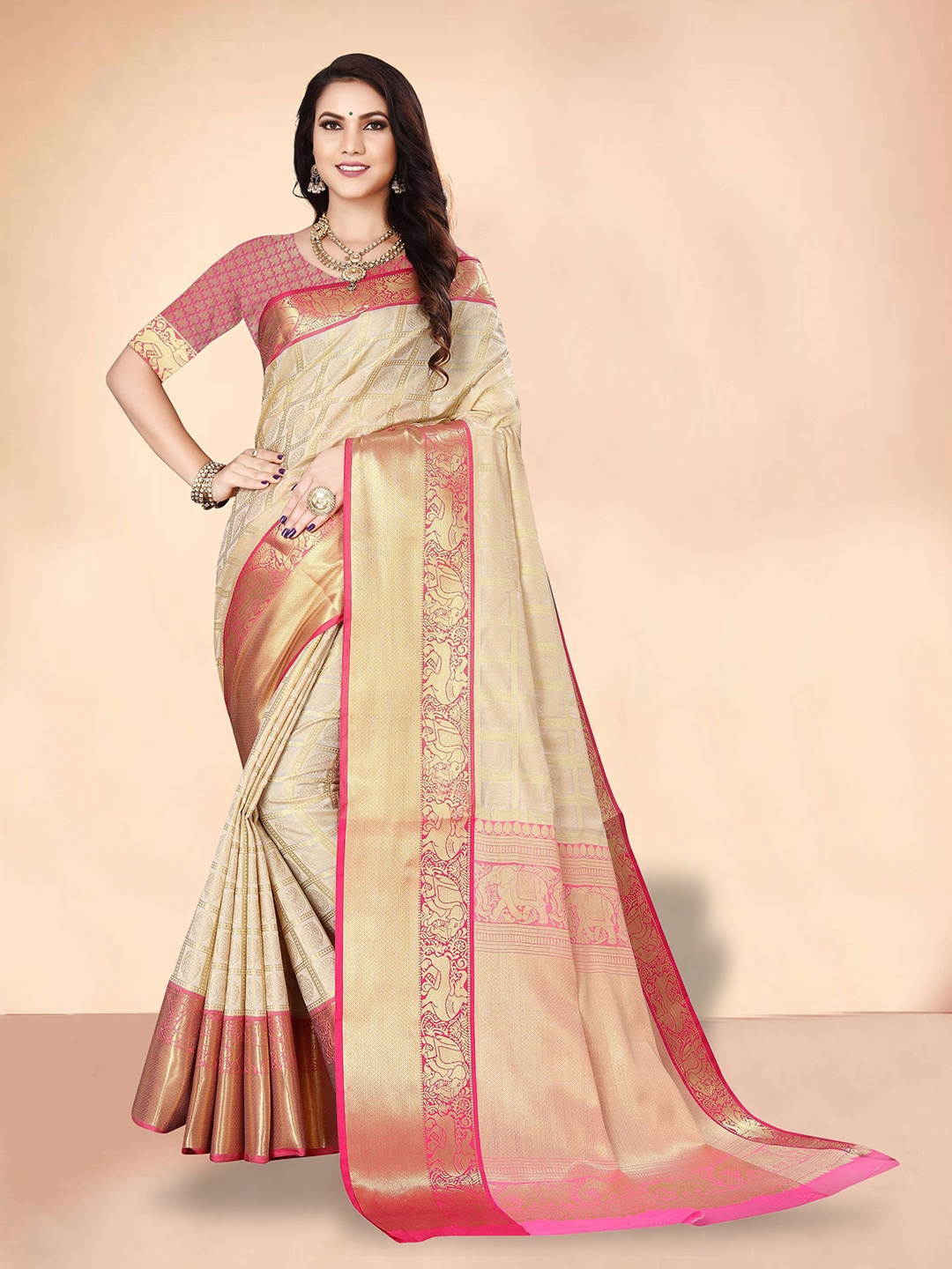 

SGF11 Ethnic Motifs Woven Design Zari Pure Silk Kanjeevaram Saree, Off white