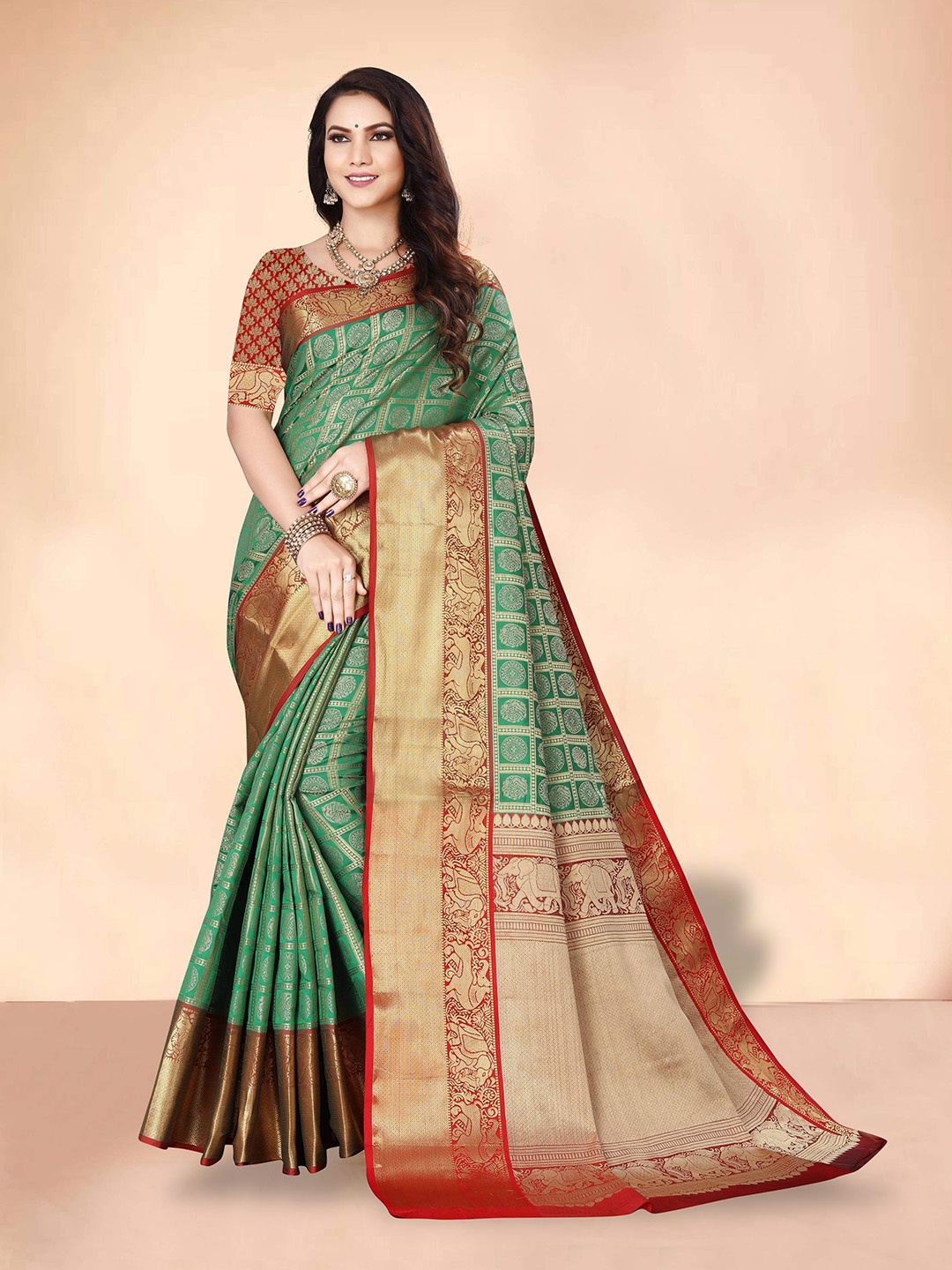 

SGF11 Woven Design Pure Zari Heavy Work Kanjeevaram Silk Saree, Green