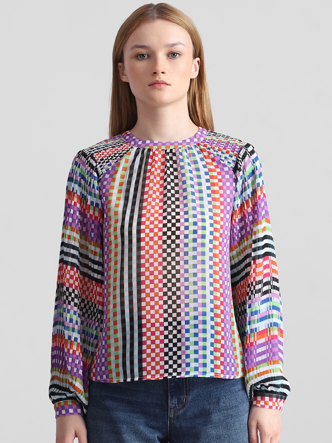 

ONLY Checked Smocked Accordion Pleats Cuffed Sleeves Regular Top, Purple
