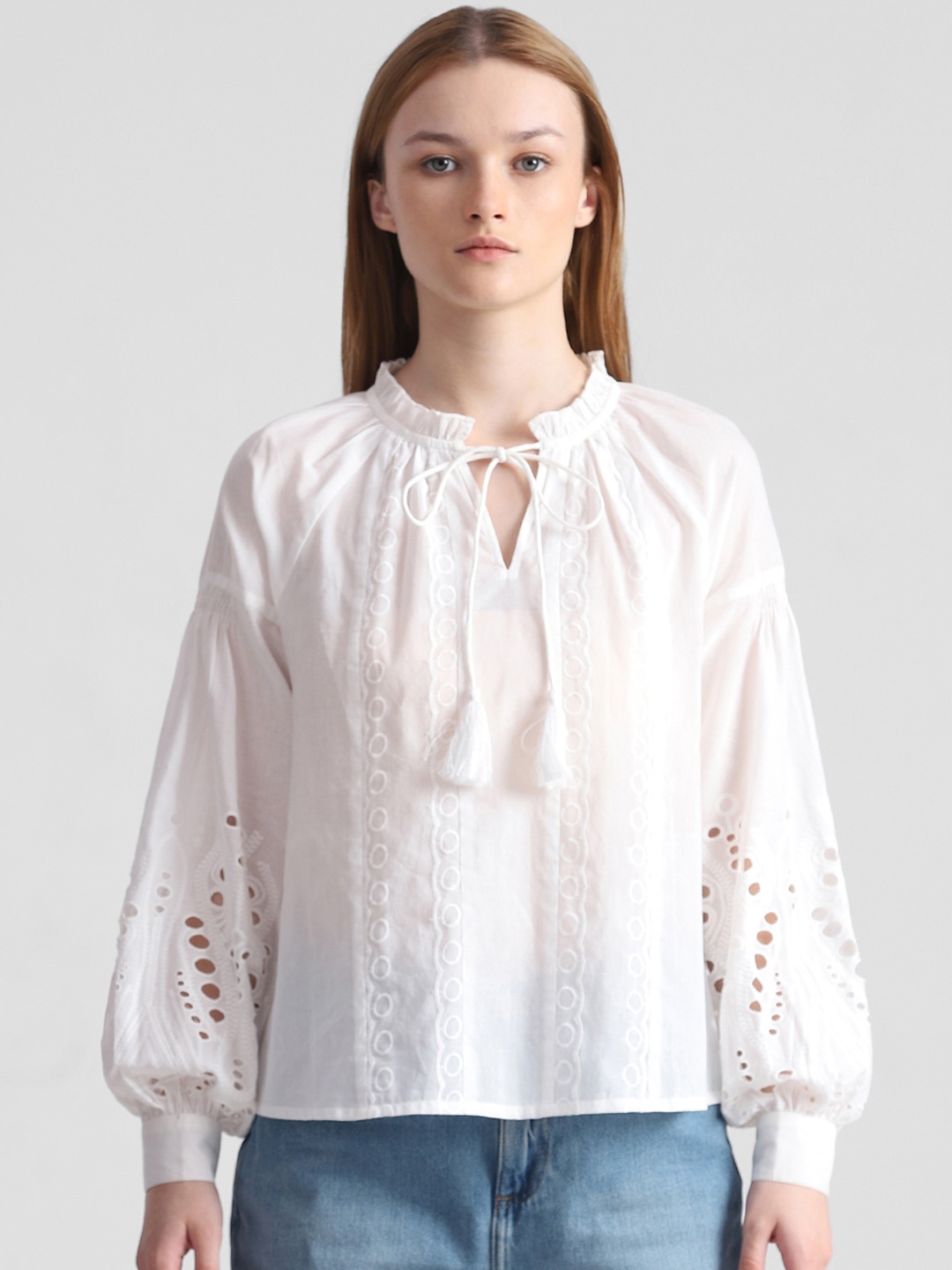

ONLY Self Design Tie-Up Neck Puff Sleeve Schiffli Cotton Regular Top, White