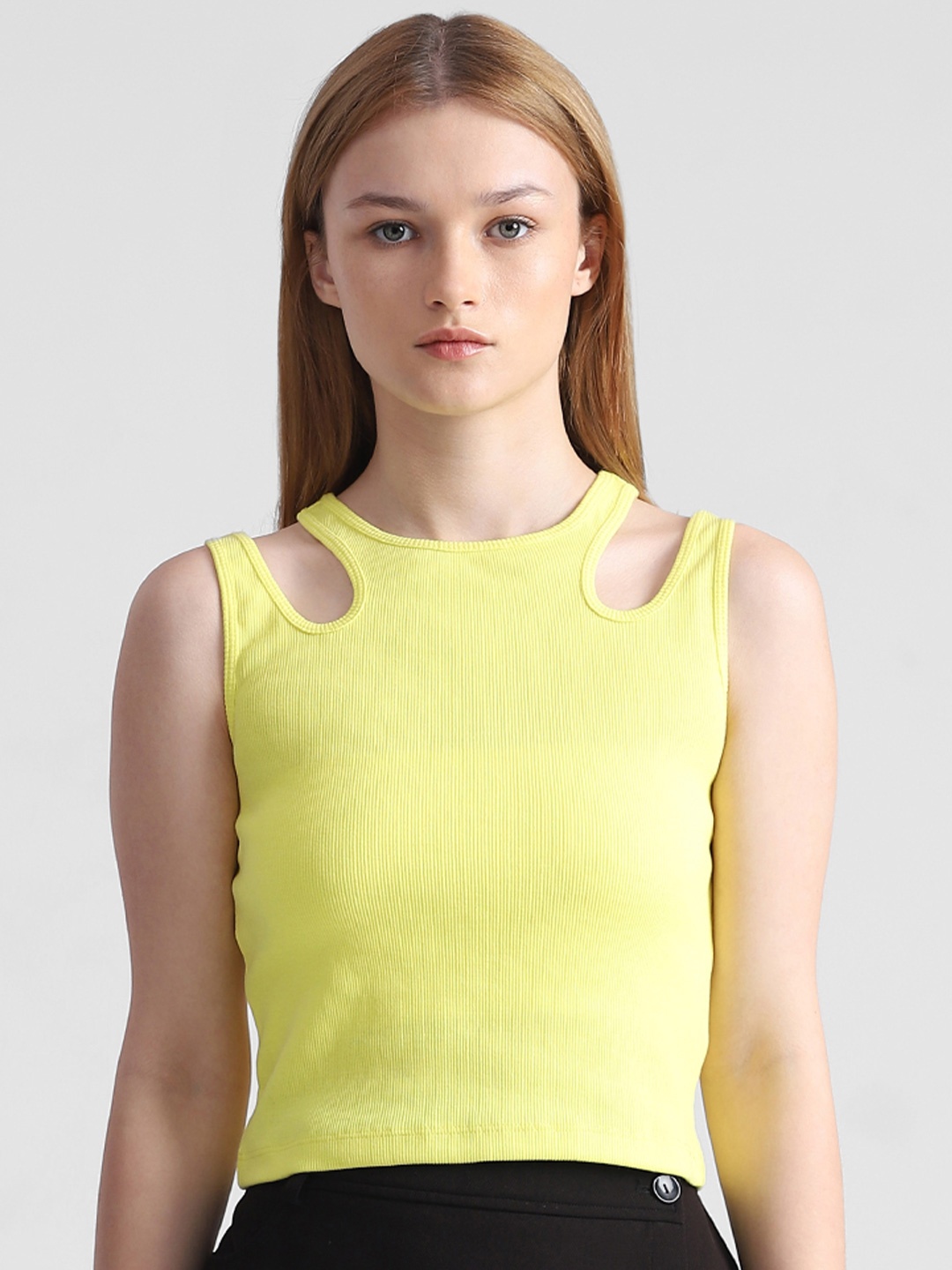 

ONLY Ribbed Cotton Cropped Tank Top With Cut Out Detail, Yellow