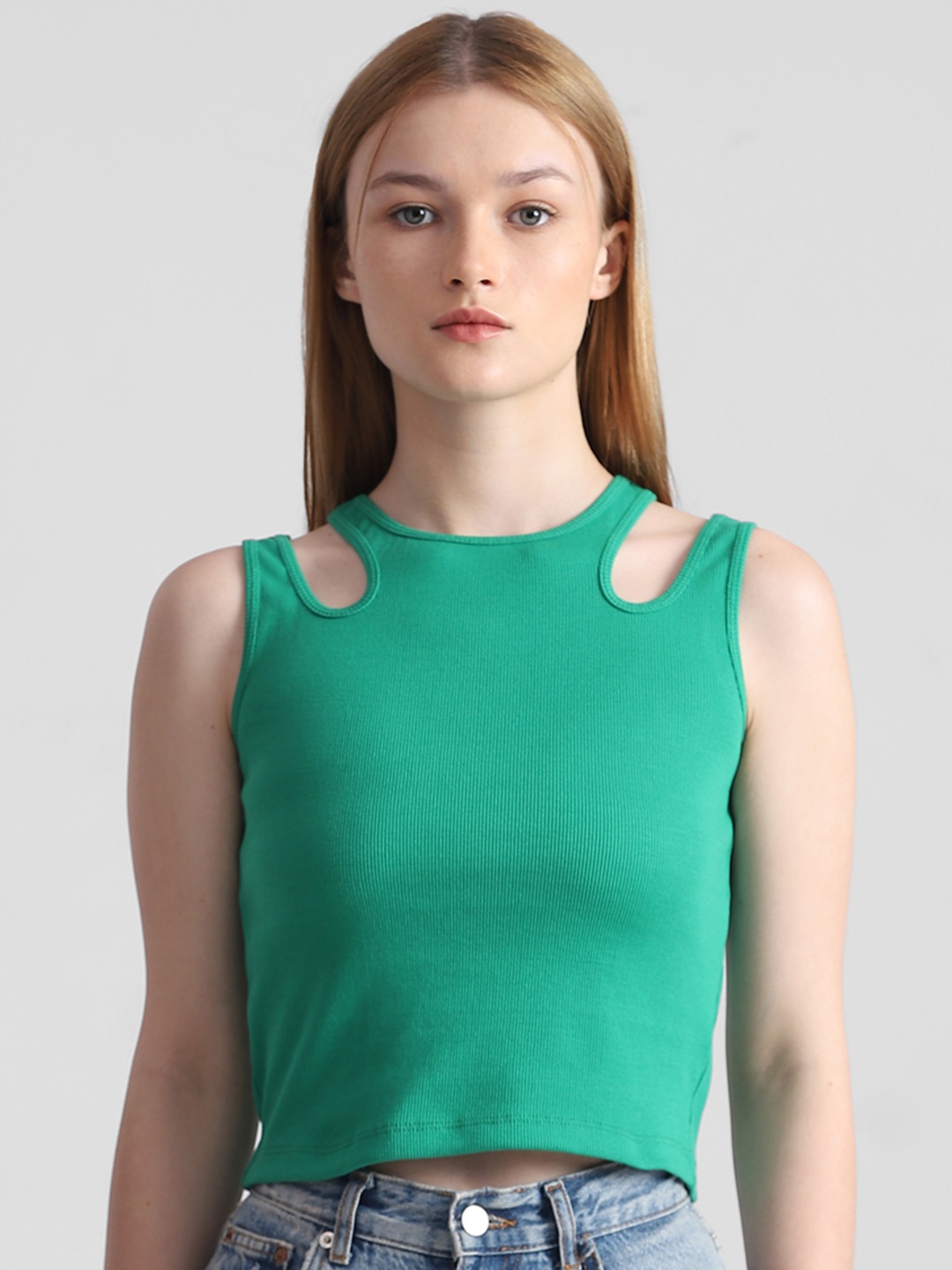

ONLY Ribbed Cotton Cropped Tank Top With Cut Out Detail, Green