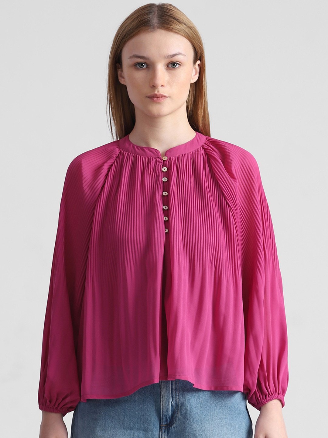 

ONLY Accordion Pleats Bishop Sleeves Regular Top, Pink