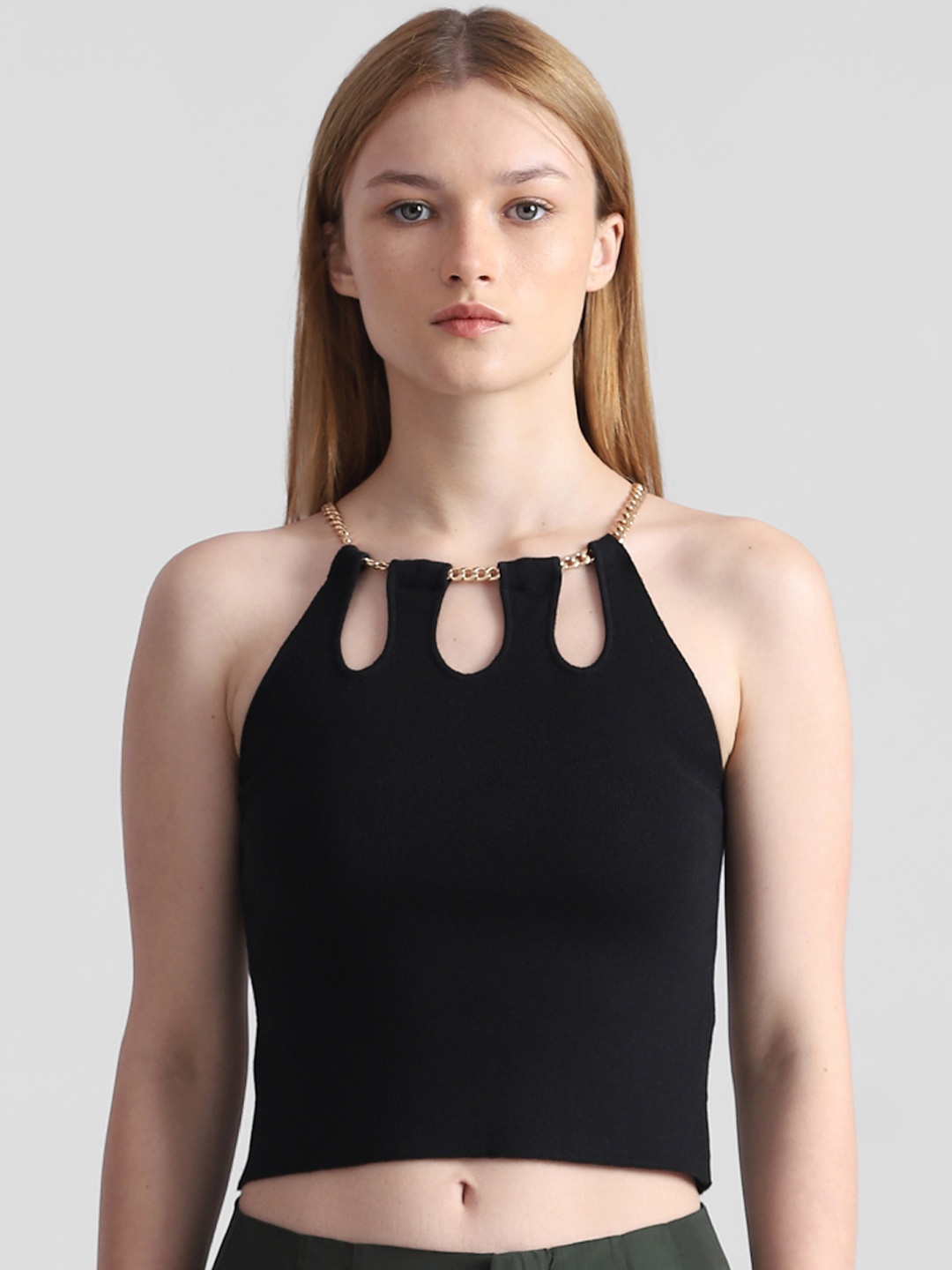 

ONLY Cotton Fitted Cropped Top With Cut Outs, Black