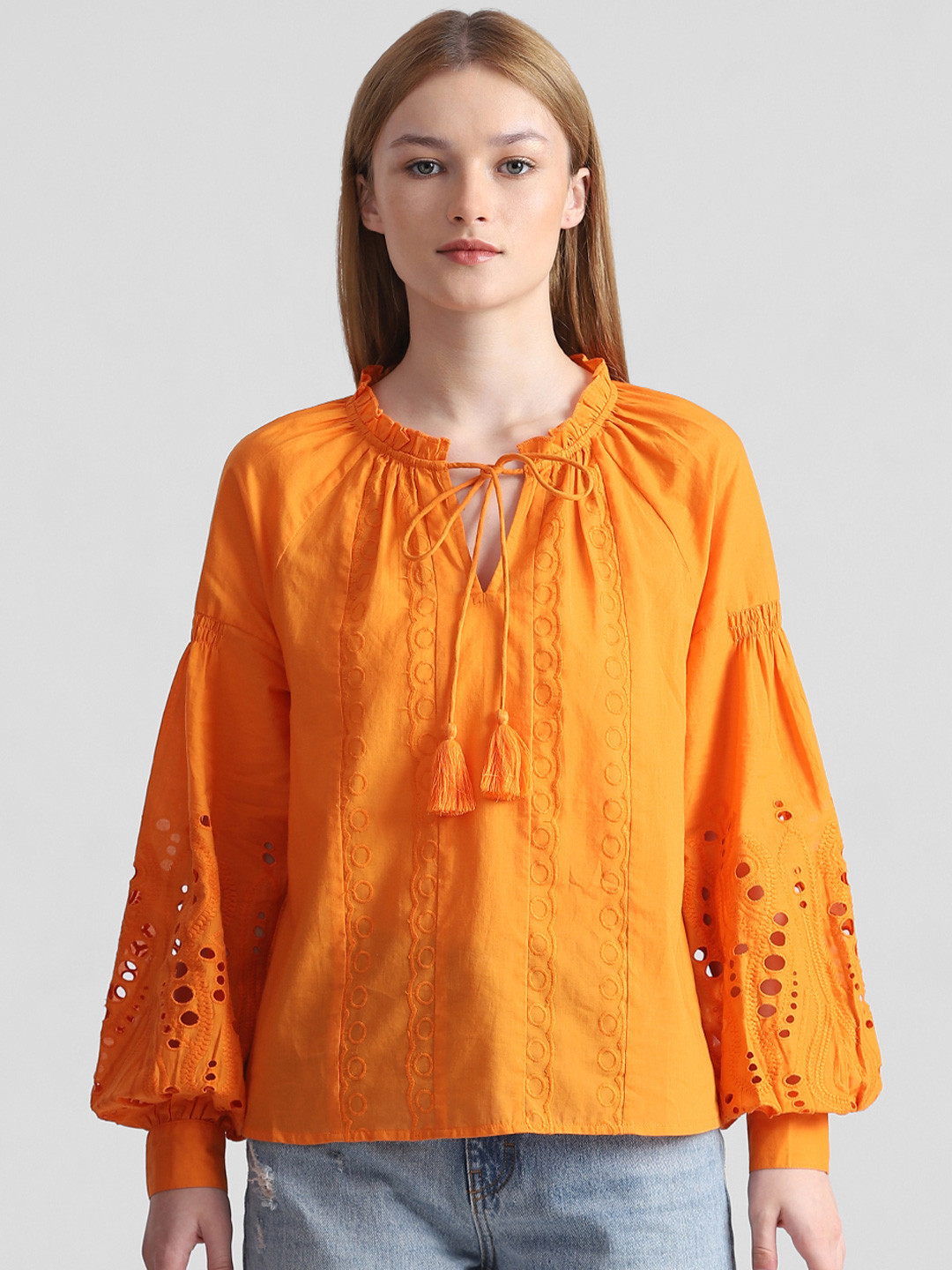 

ONLY Self Design Tie-Up Neck Puff Sleeve Schiffli Cotton Regular Top, Orange