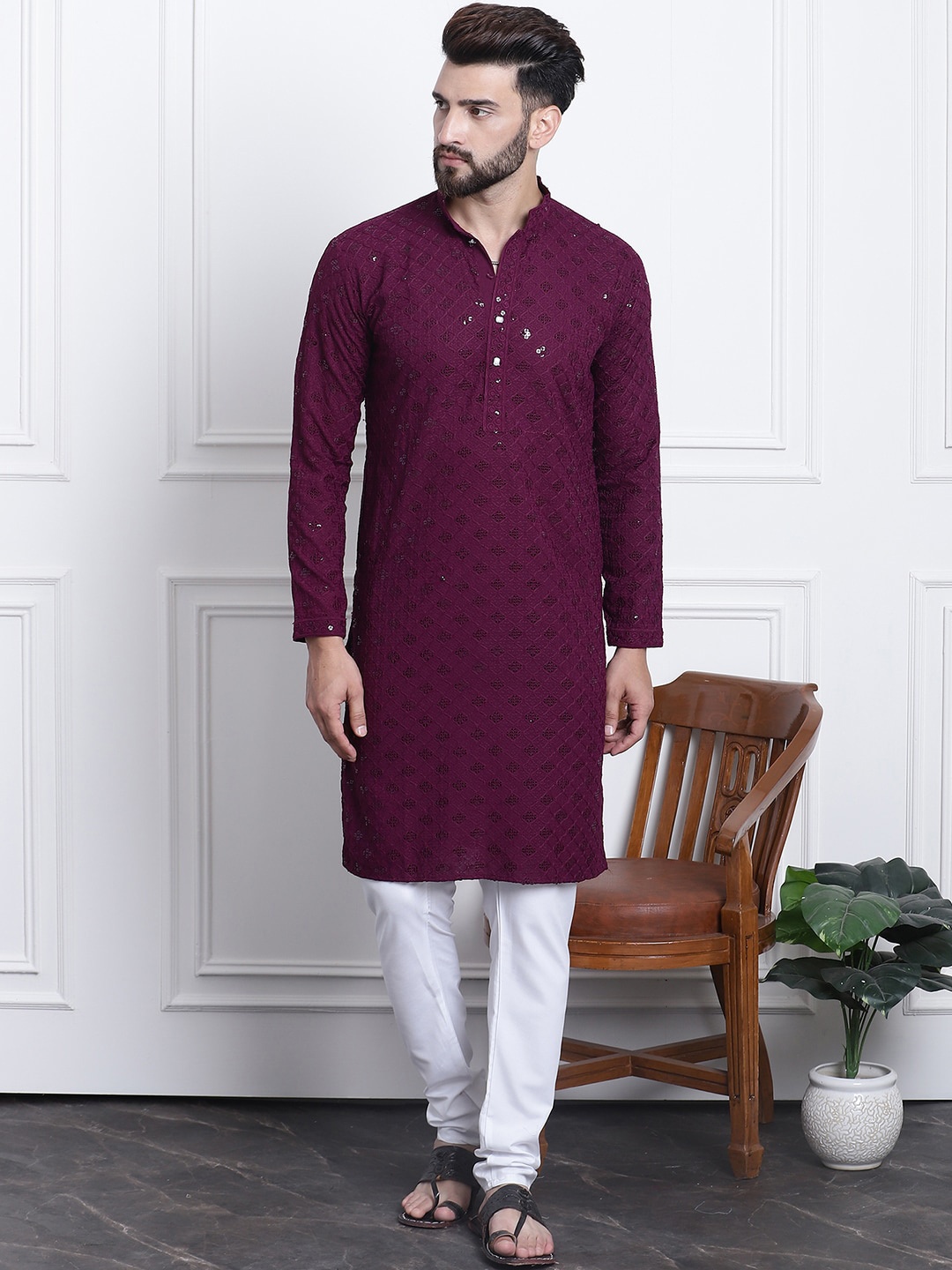 

SOJANYA Ethnic Motifs Embroidered Regular Sequinned Pure Cotton Kurta with Churidar, Purple