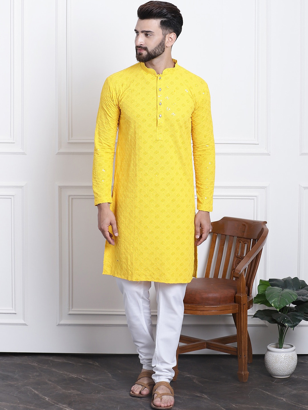 

SOJANYA Ethnic Motif Embroidered Sequinned Pure Cotton Kurta with Churidar, Yellow