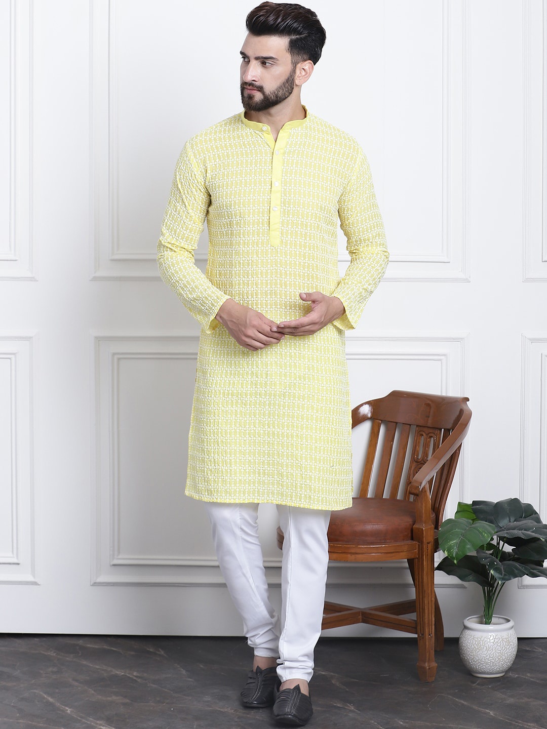 

SOJANYA Ethnic Motifs Embroidered Regular Thread Work Pure Cotton Kurta With Churidar, Yellow